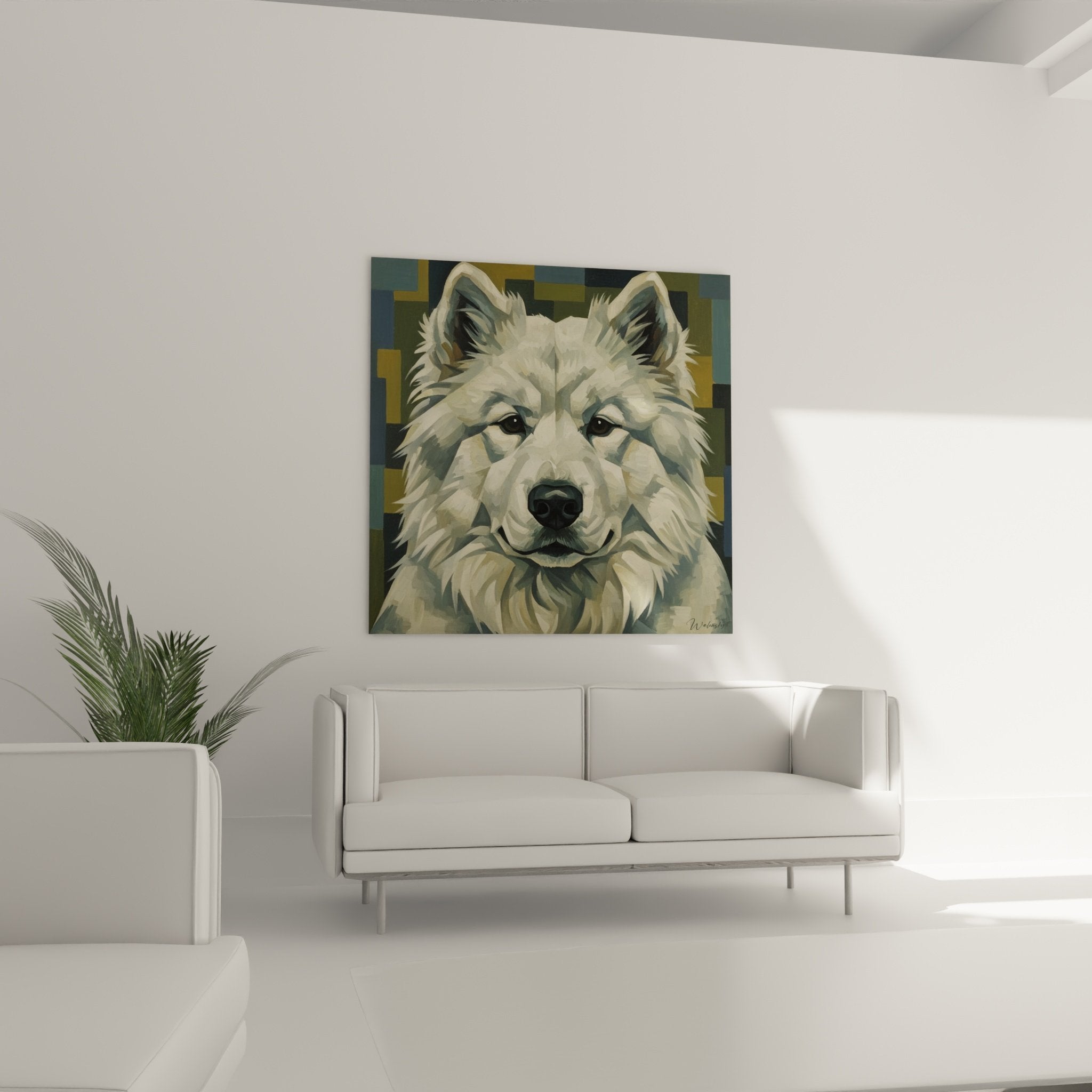 Gros plan tableau Samoyede - detail pelage blanc texture realiste et regard intense yeux noirs perçants