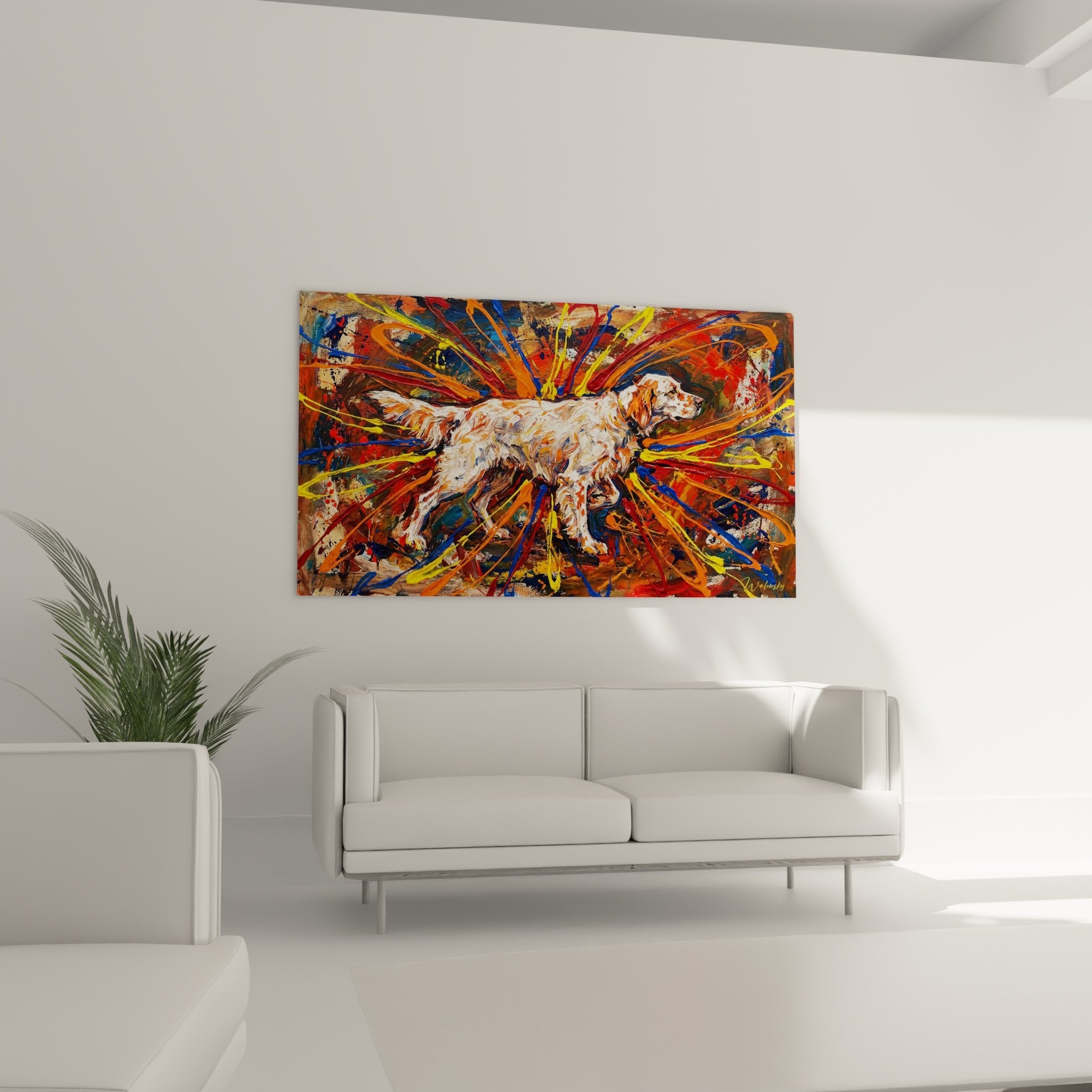 Detail peinture setter anglais pelage blanc technique eclaboussures couleurs vives