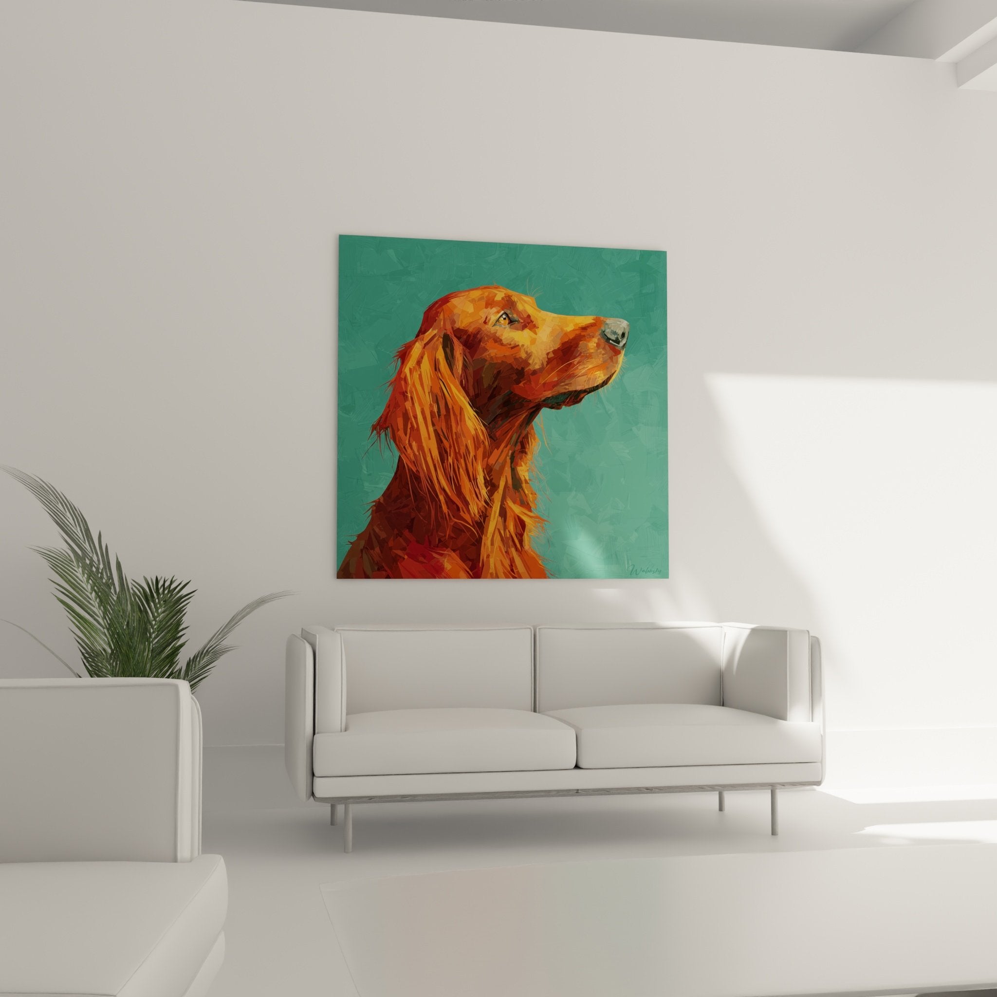 Close-up detail of the Irish Setter's russet-orange coat, expressionist painting technique visible