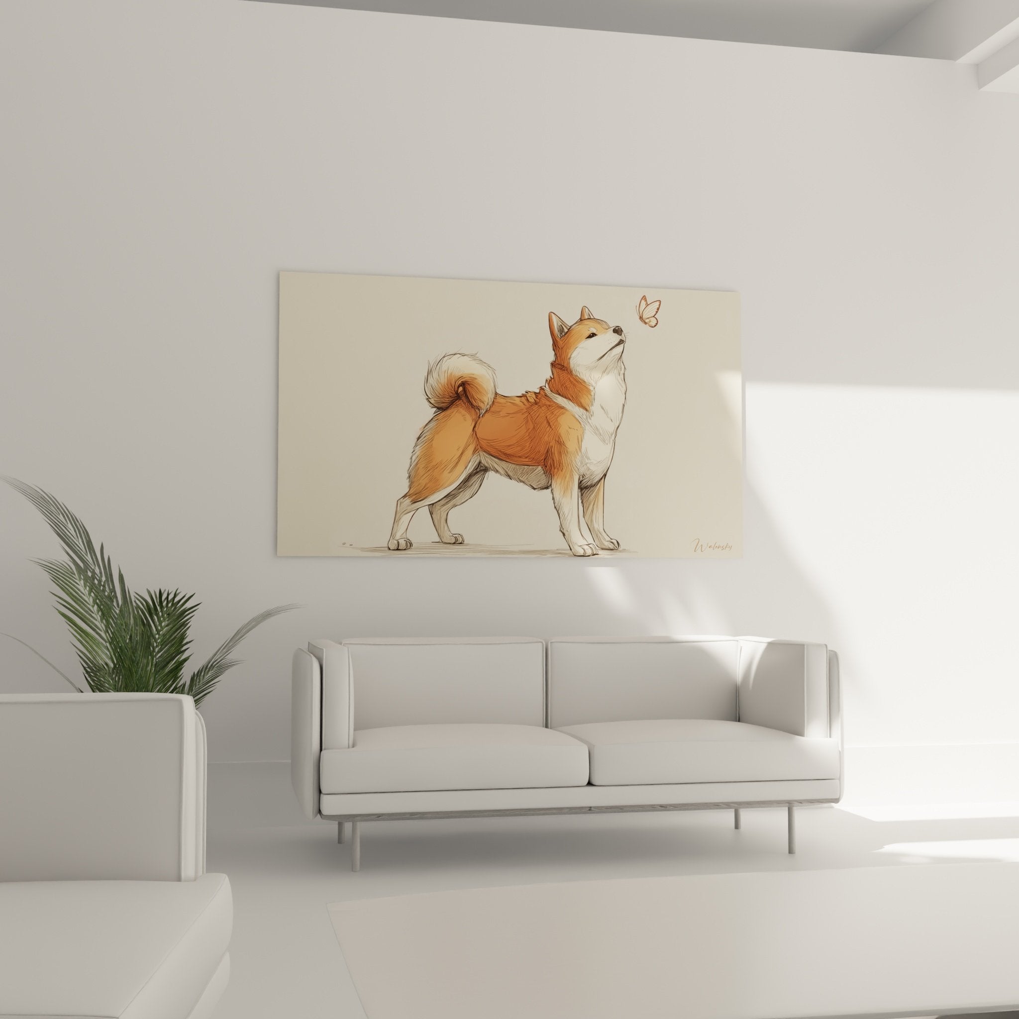 Détail du pelage roux et blanc du Shiba Inu et de son expression douce tournée vers le papillon