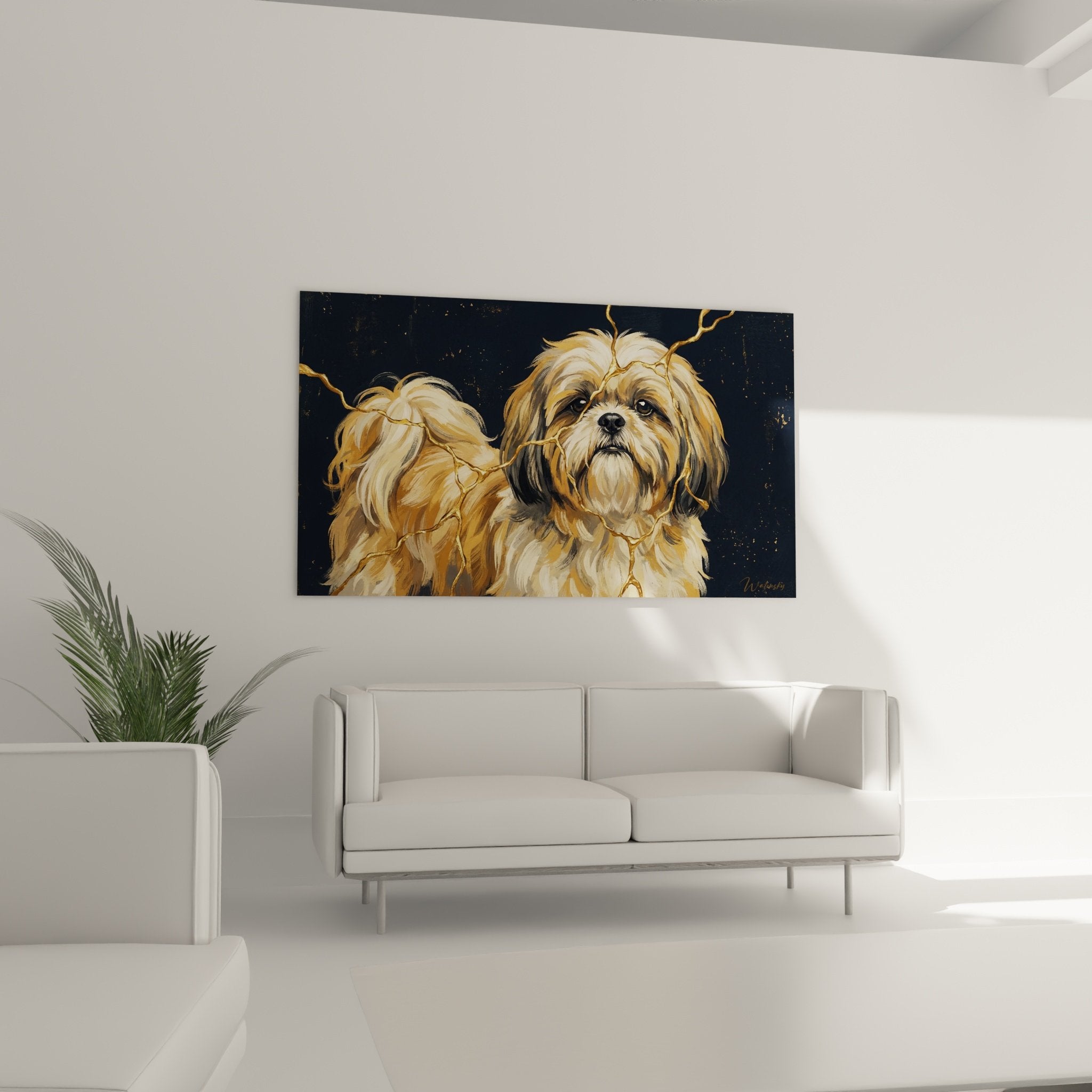 Detail pelage Shih Tzu nuances dorees cuivrees texture realiste reflets lumineux