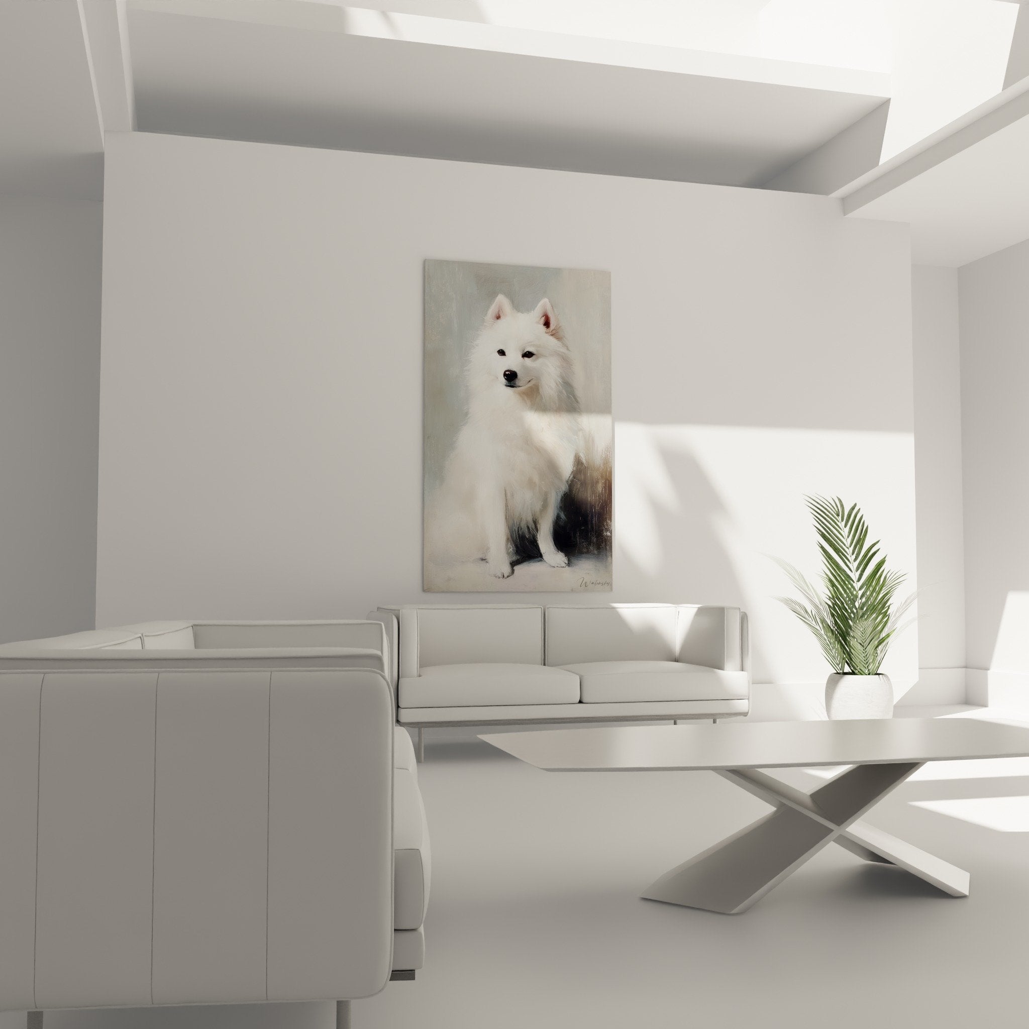 Détail portrait Spitz Japonais blanc, texture pelage soyeux et yeux sombres expressifs