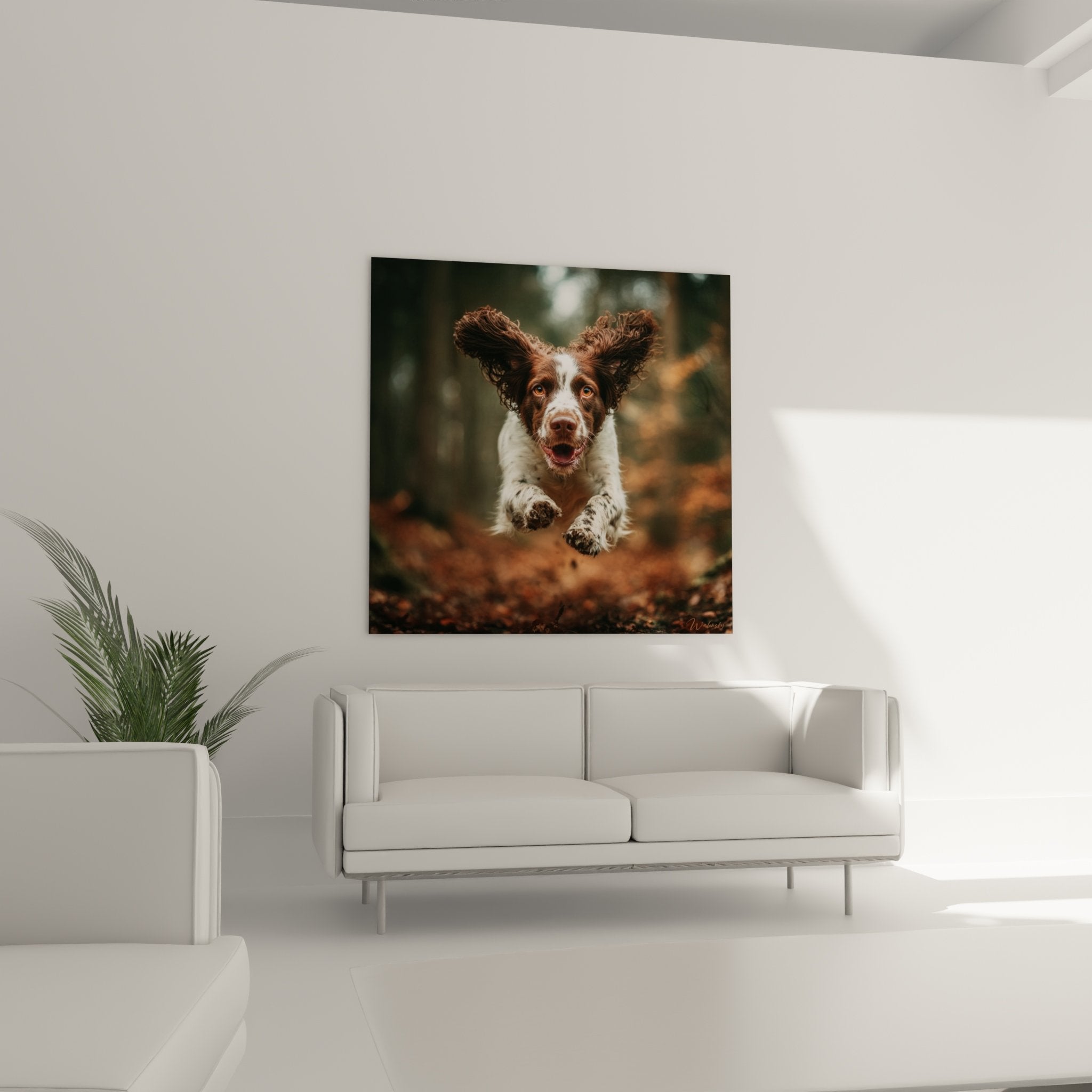 Gros plan tableau chien Springer Anglais bondissant details pelage boucle oreilles cuivrees realisme