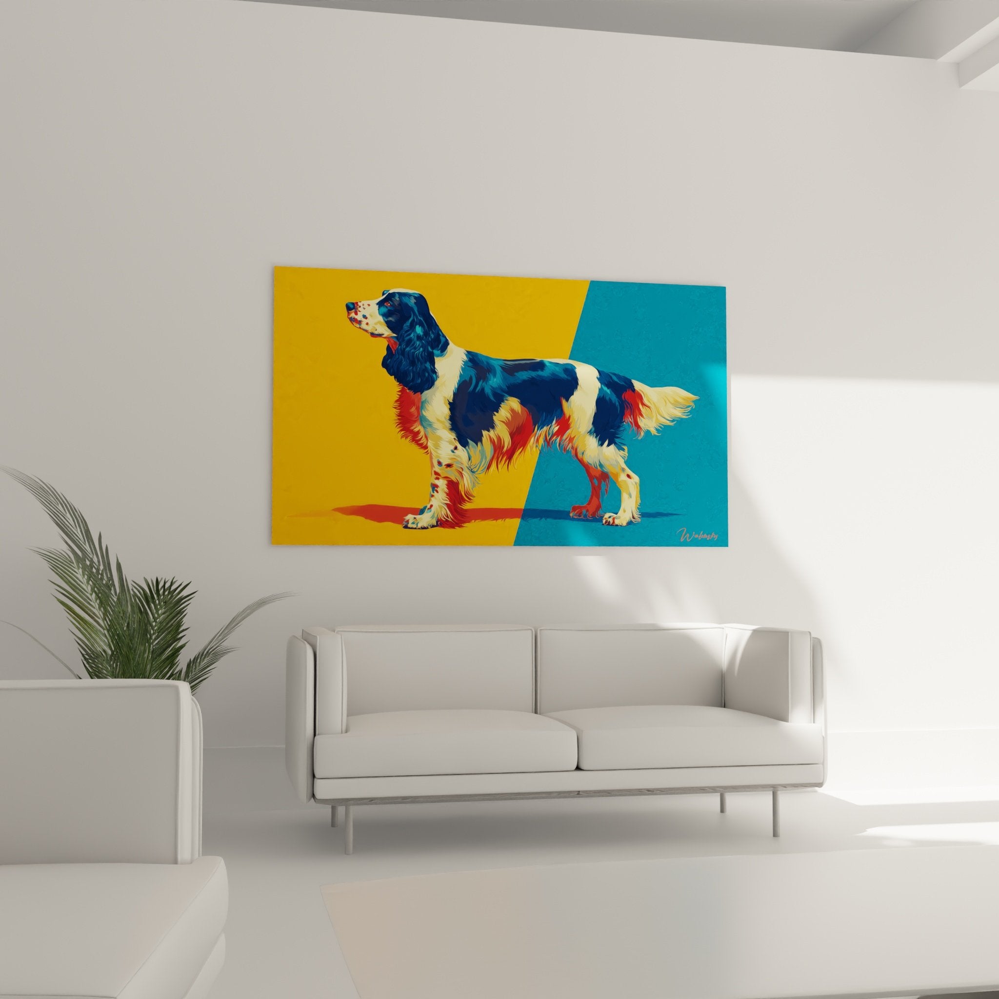 Detail du pelage tricolore Springer Anglais en style pop art orange et bleu