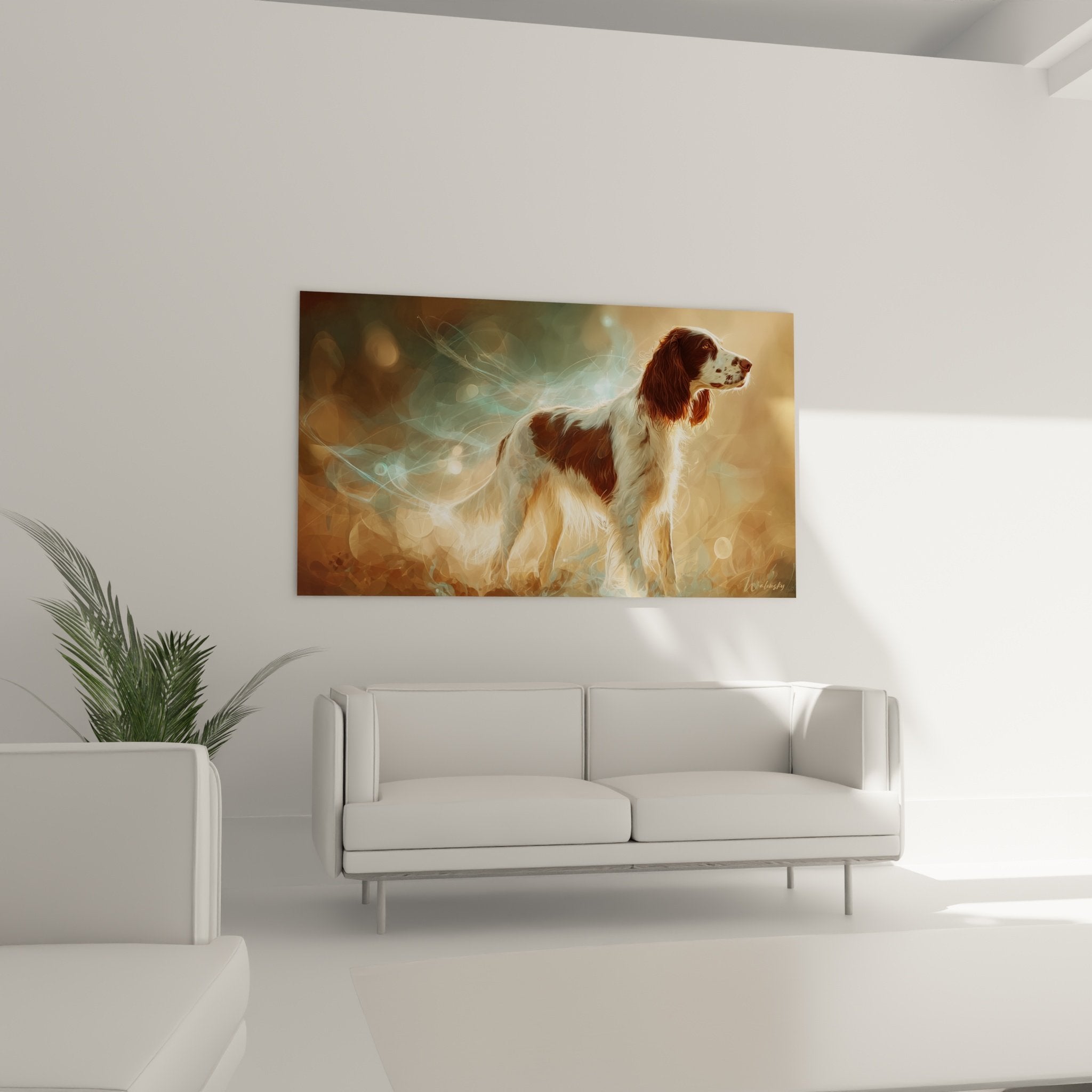 Gros plan sur les détails du pelage roux du Springer Anglais et effets de lumière nacrée