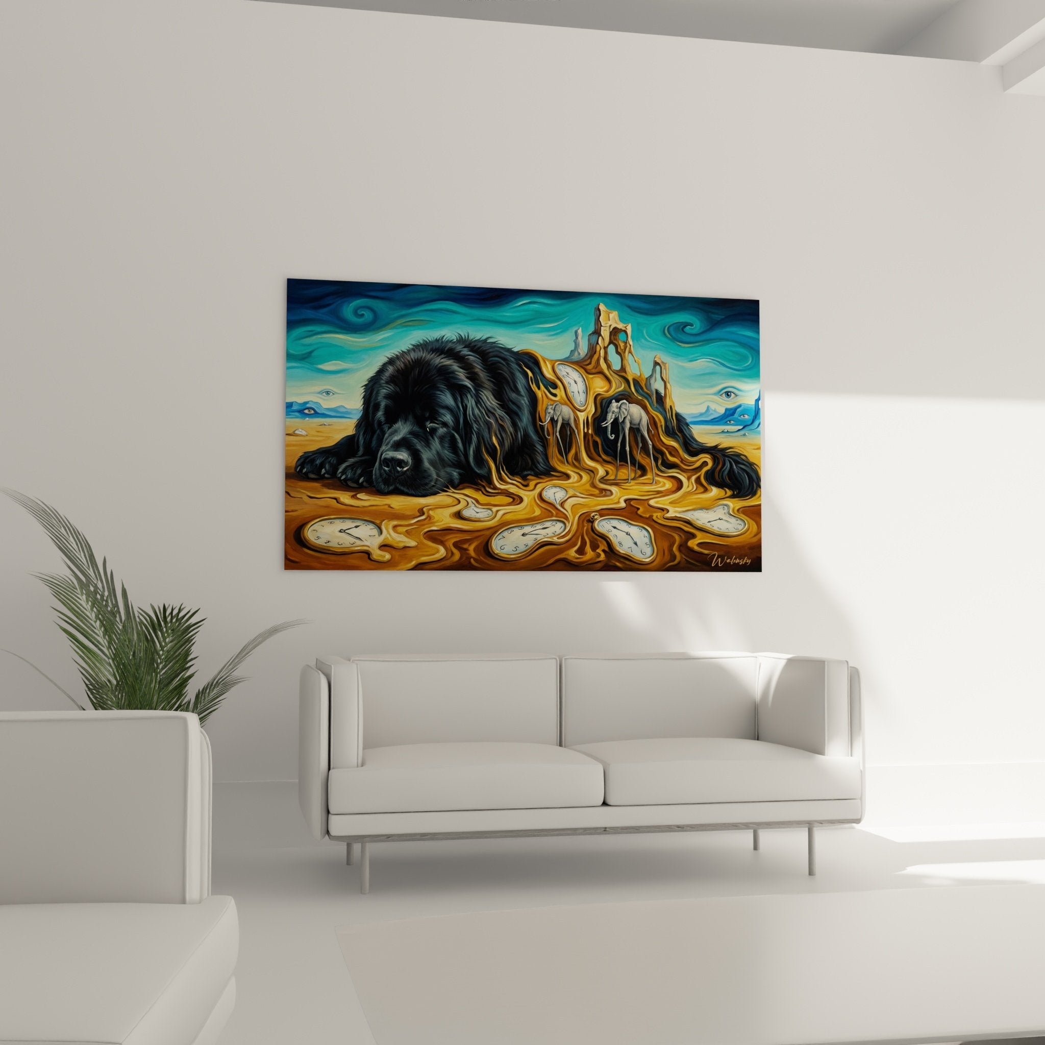 Détail rapproché pelage noir soyeux Terre Neuve et horloges fondantes dorées style surréaliste