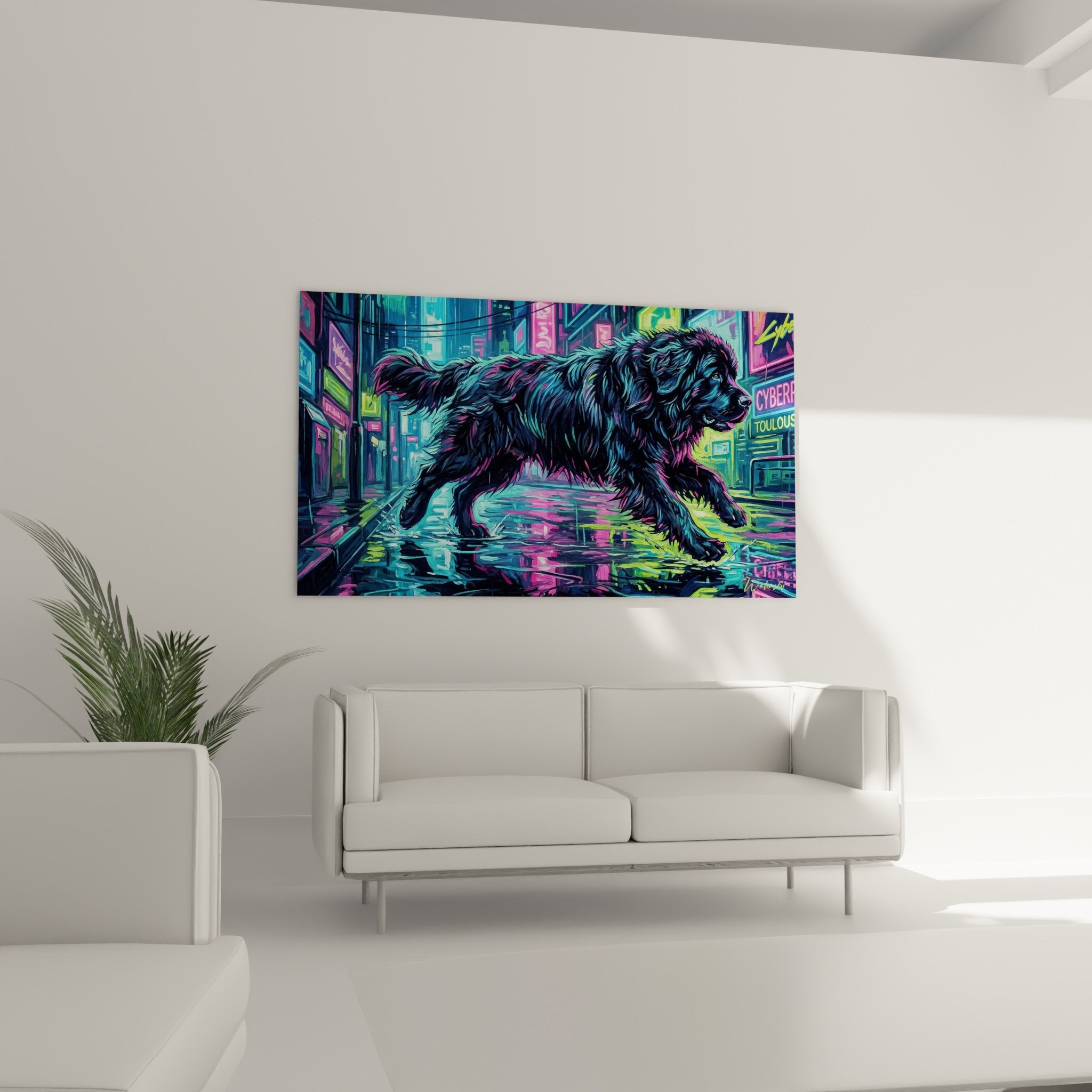 Detail pelage Terre Neuve avec reflets turquoise magenta style cyberpunk artistique