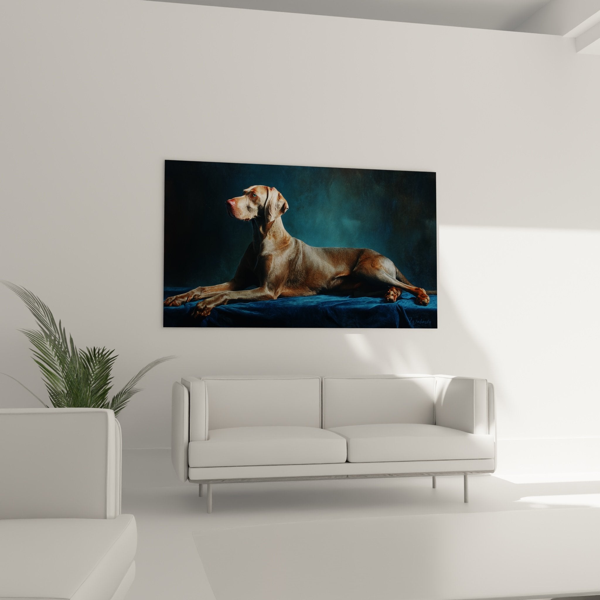 Détail tableau chien Weimaraner, nuances dorées cuivrées du pelage, technique picturale réaliste et précise