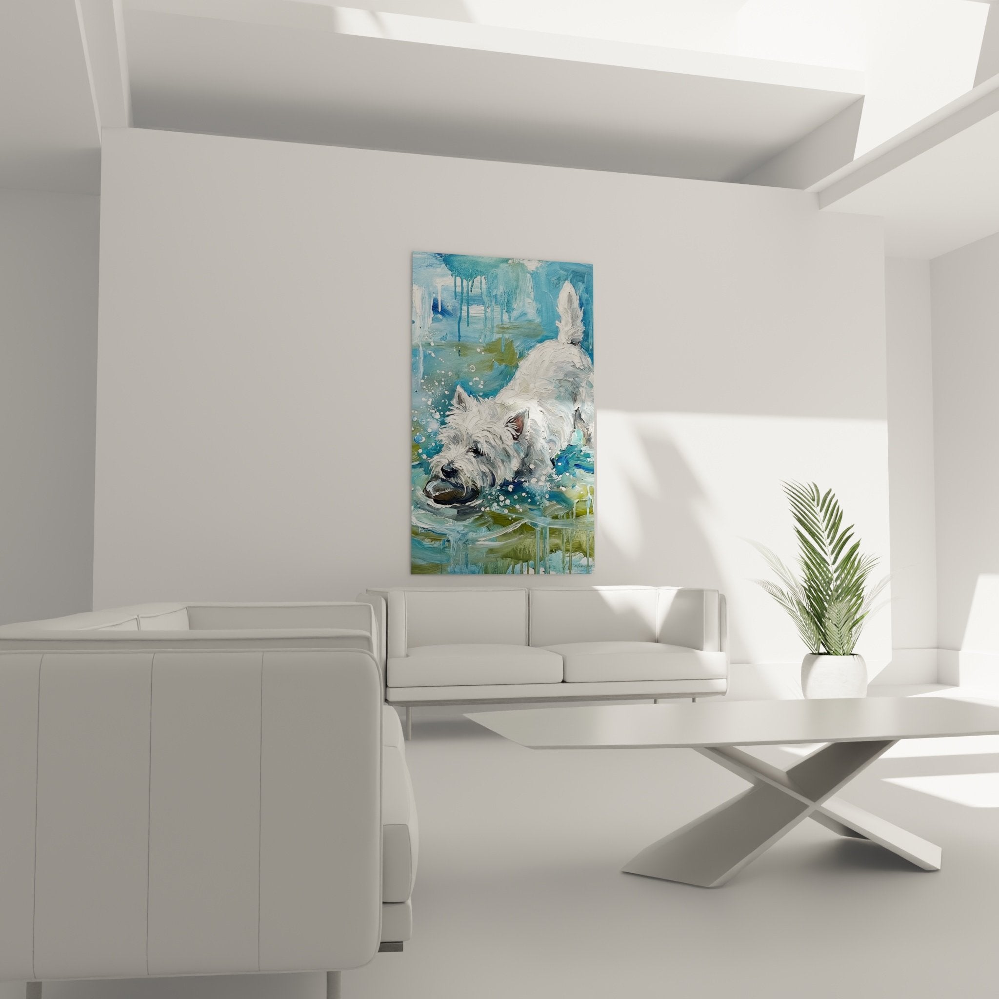 Detail pelage West Highland White Terrier mouille reflets argentes peinture expressive haute qualite