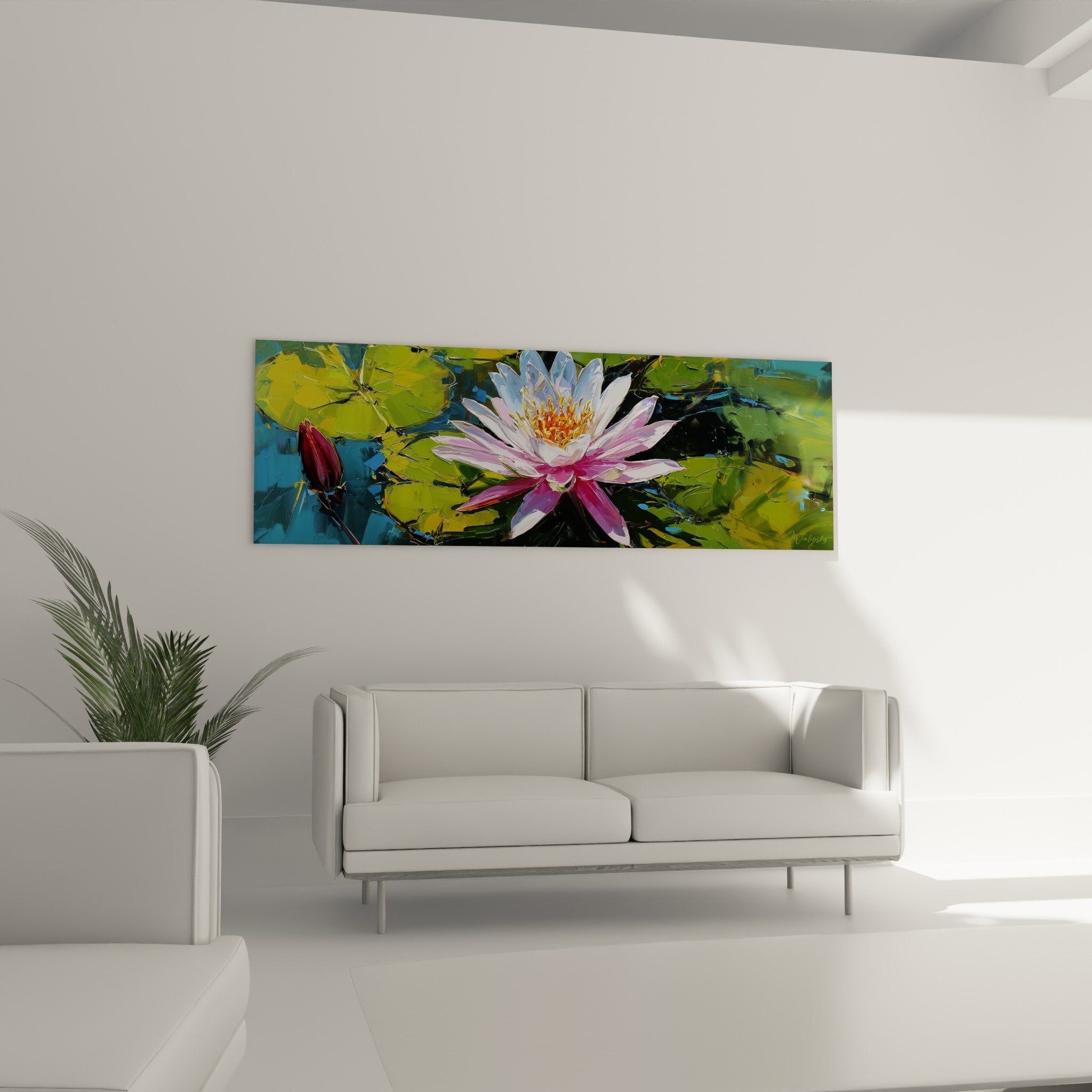 Détail pétales nénuphars roses et blancs peints à l'huile, technique impressionniste