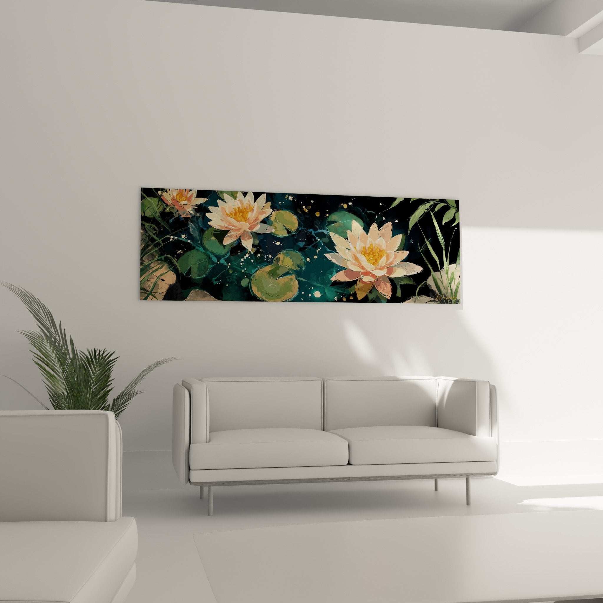 Détail rapproché des pétales rose saumon des nénuphars avec reflets dorés scintillants sur eau turquoise