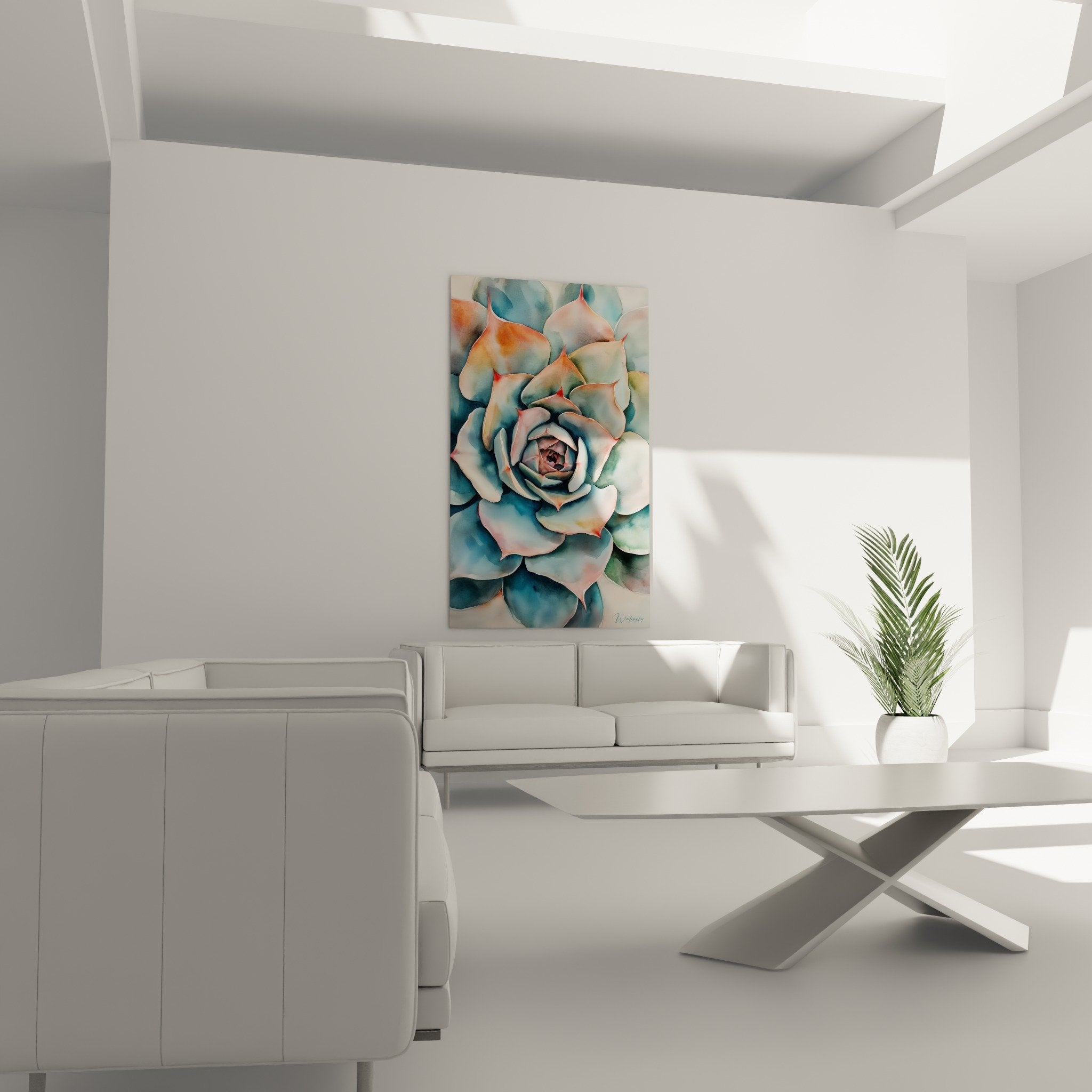Détail des pétales turquoise et corail de la succulente cubiste avec dégradés de couleurs