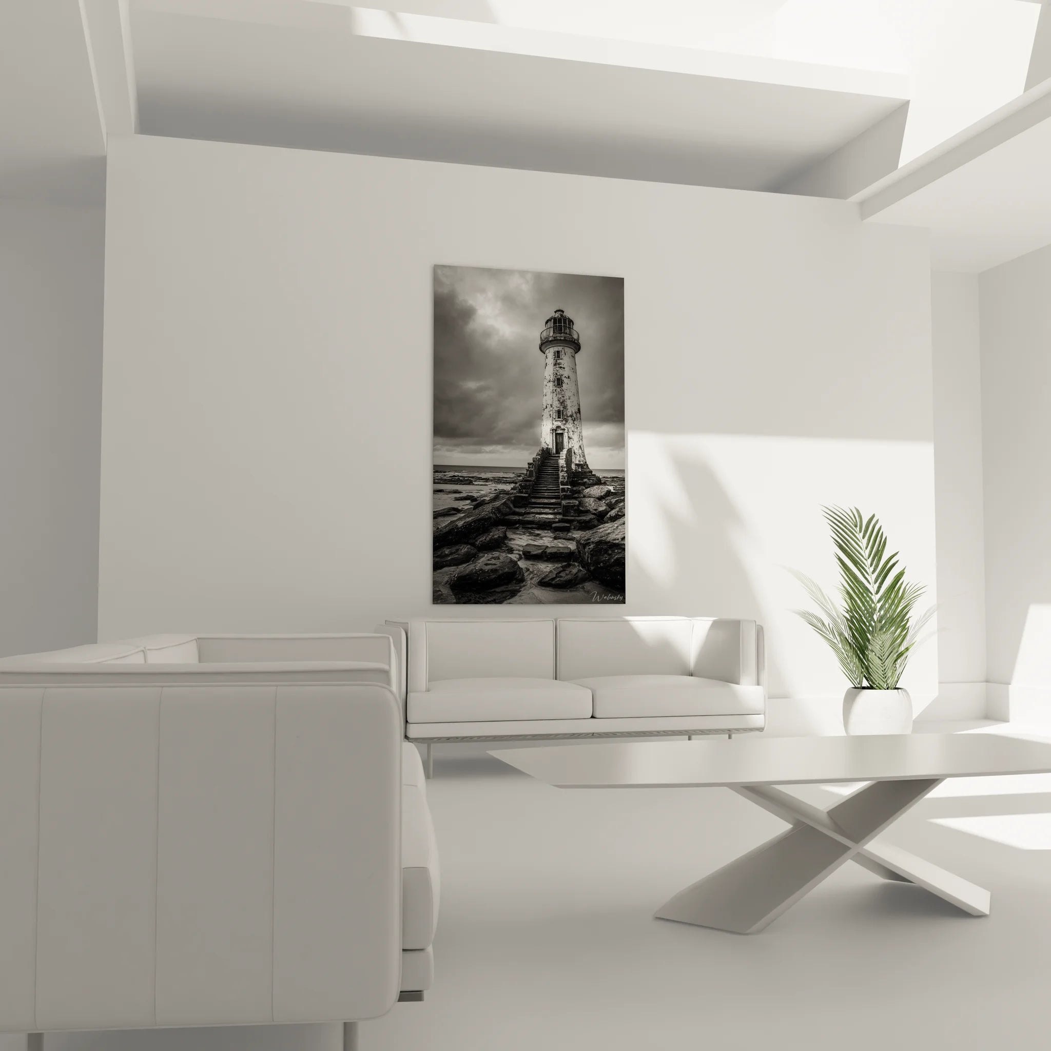 Détail tableau phare montrant textures pierres et architecture maritime en noir et blanc