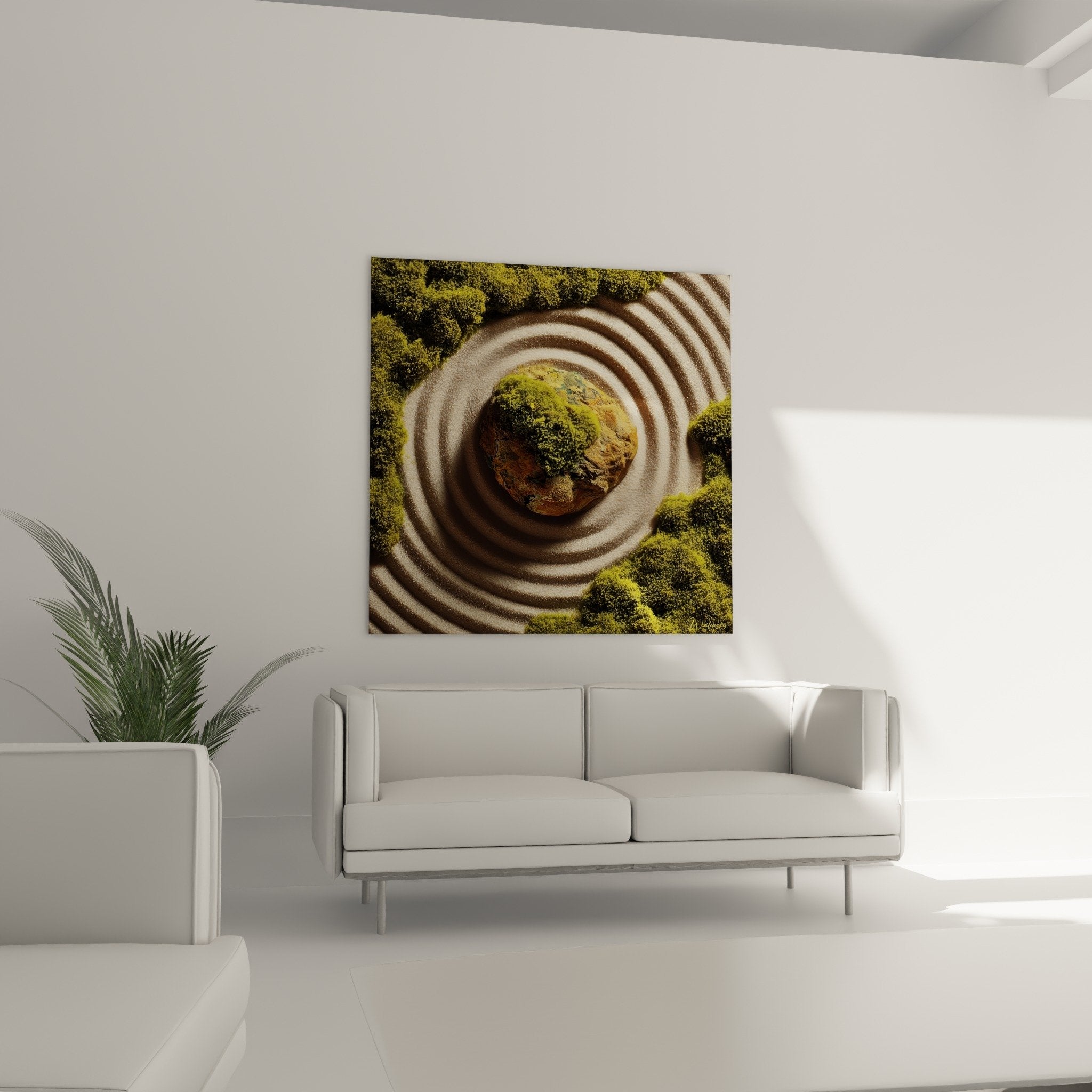 detail pierre couverte mousse verte sable ratisse cercles concentrique texture naturelle