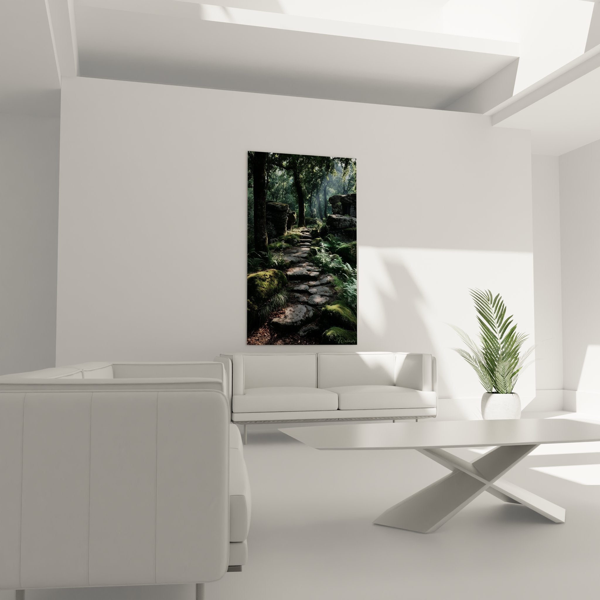 Détail gros plan pierres moussues et fougères du tableau sentier forêt enchantée