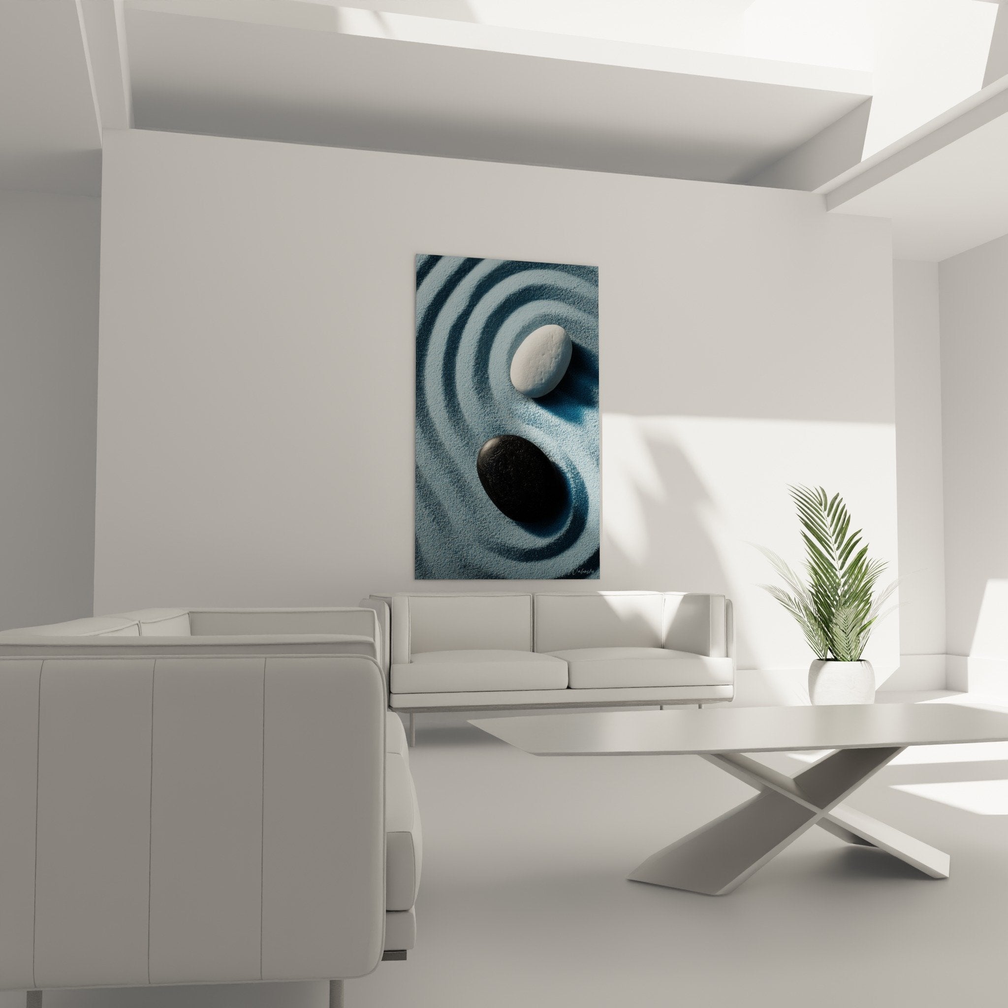Gros plan pierres zen blanches noires texture sable ratisse motifs circulaires edition sable
