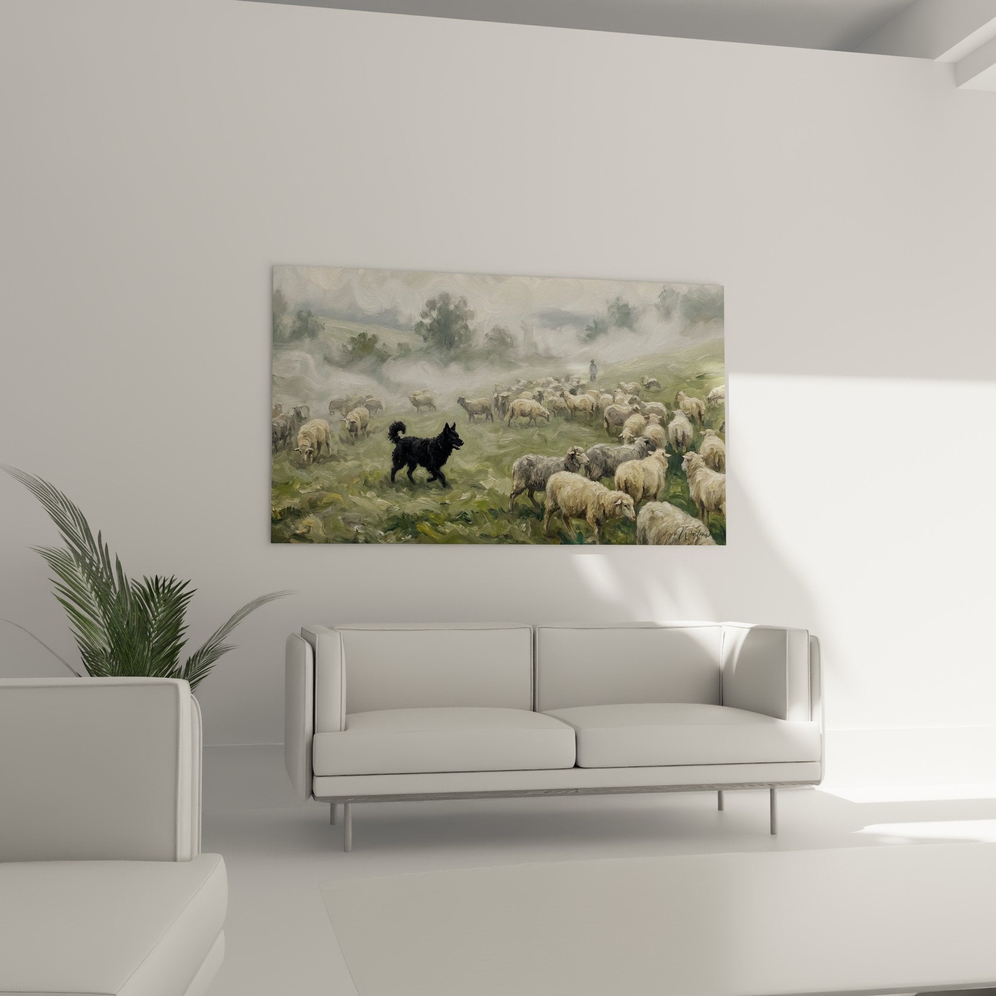 Détail pinceau tableau Mudi noir vigilant au milieu moutons blancs - Technique picturale expressive Edition Mudi