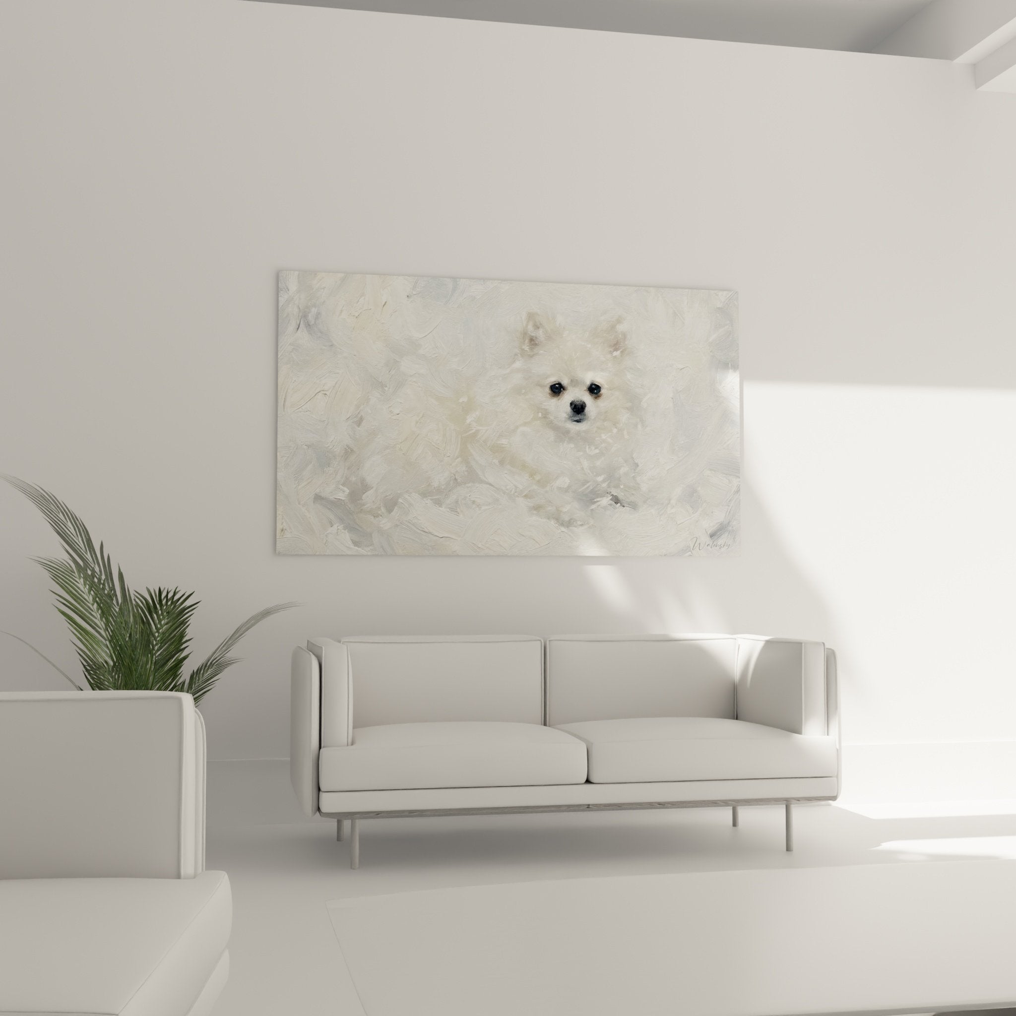 Détail peinture Spitz Poméranien, coups de pinceau expressifs, texture pelage blanc soyeux