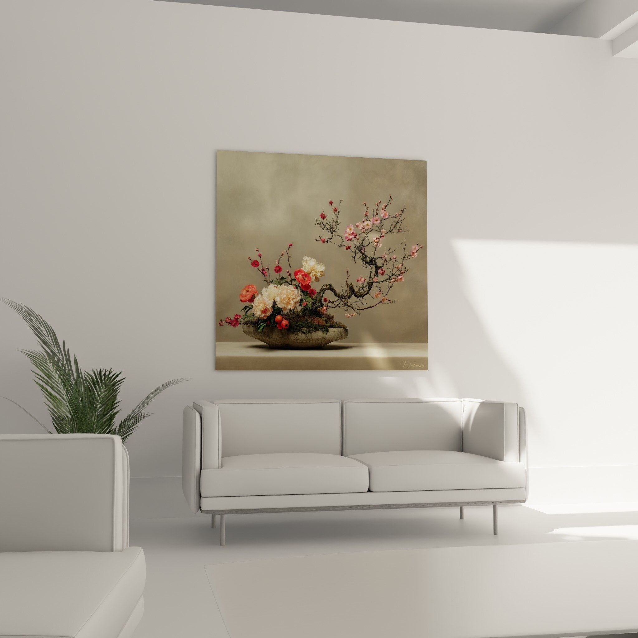 Detail pivoines blanches et fleurs corail arrangement ikebana mousse naturelle vasque ancienne