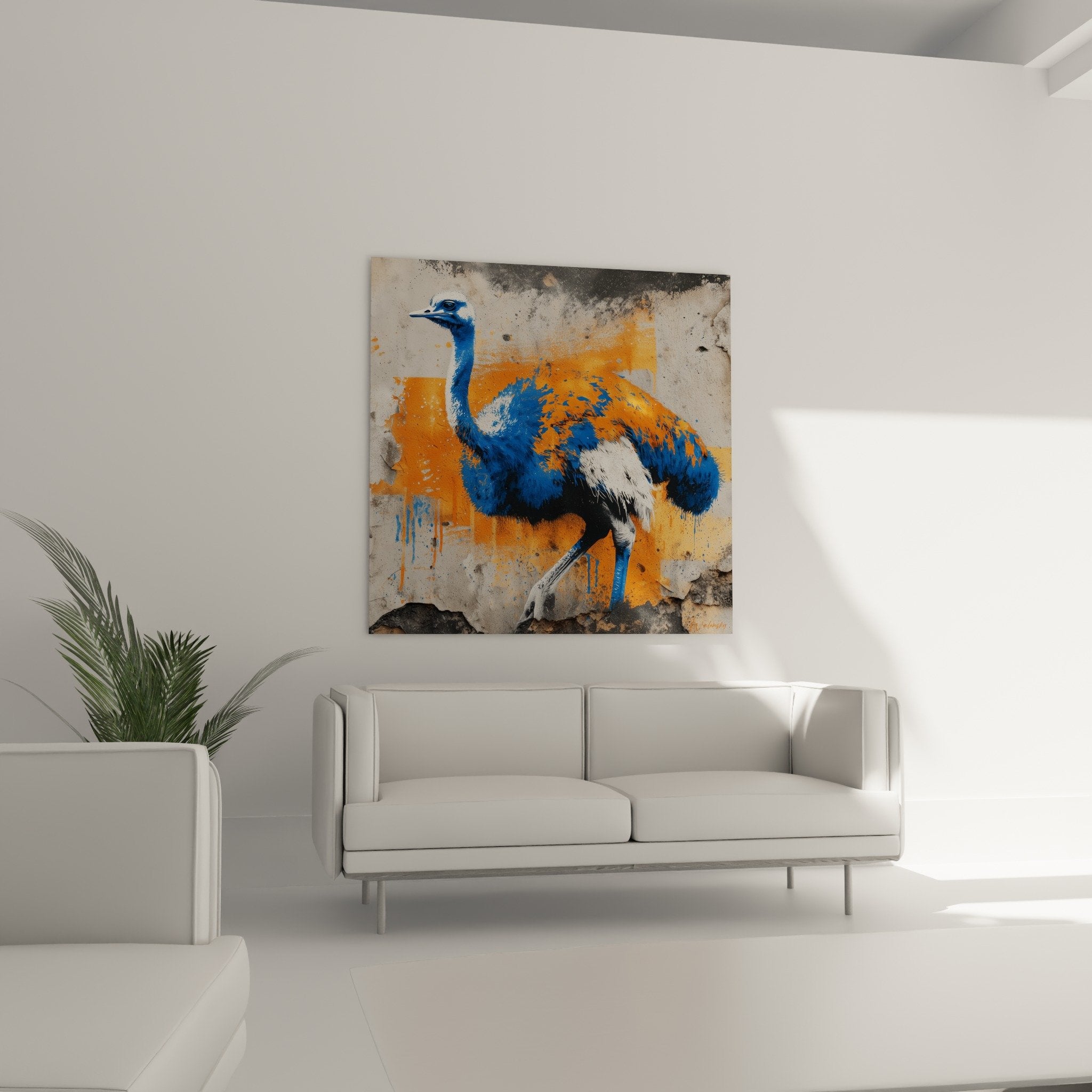 Détail plumage autruche bleu éclaboussures peinture orange art urbain contemporain