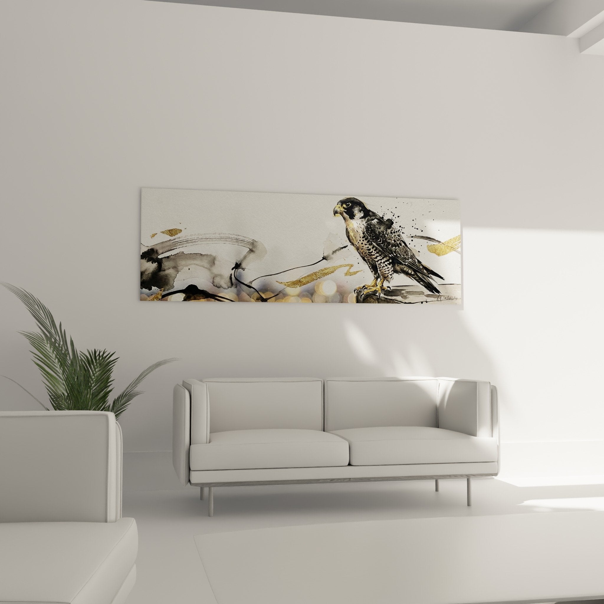 Detail plumage faucon pelerin tachete noir blanc technique aquarelle touches metalliques dorees