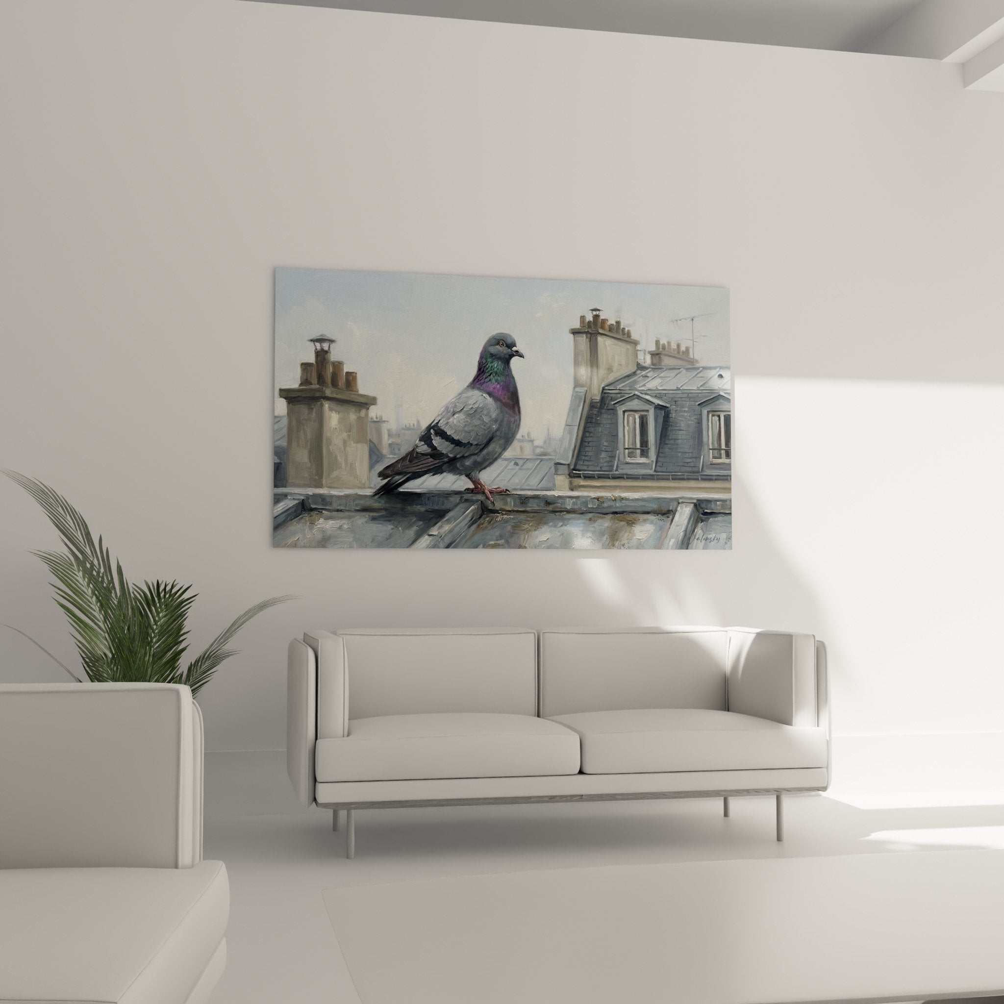 Détail plumage pigeon reflets violets et turquoise texture réaliste peinture urbaine