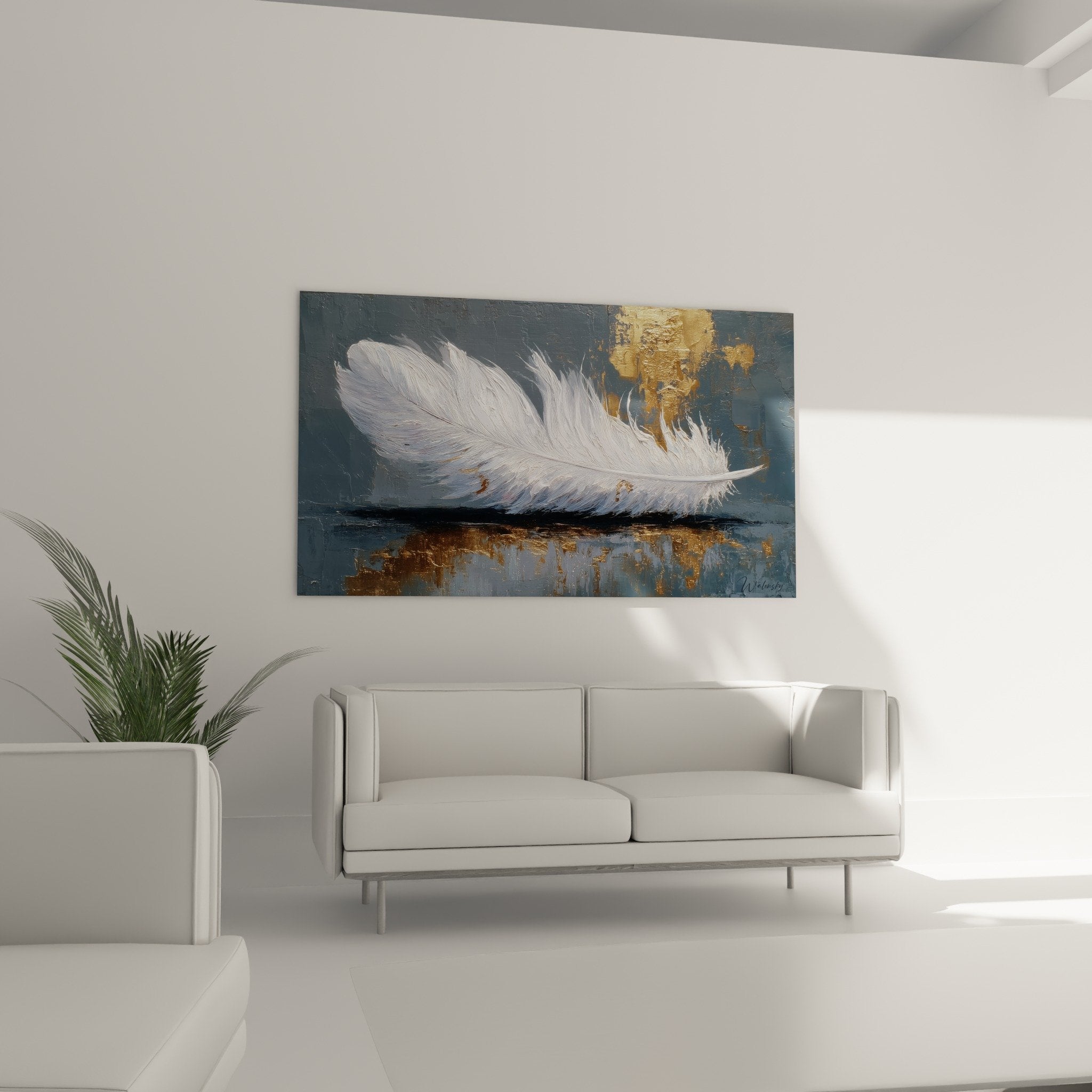 Close-up of white feather with hyperrealistic details and golden highlights, delicate texture and artistic rendering