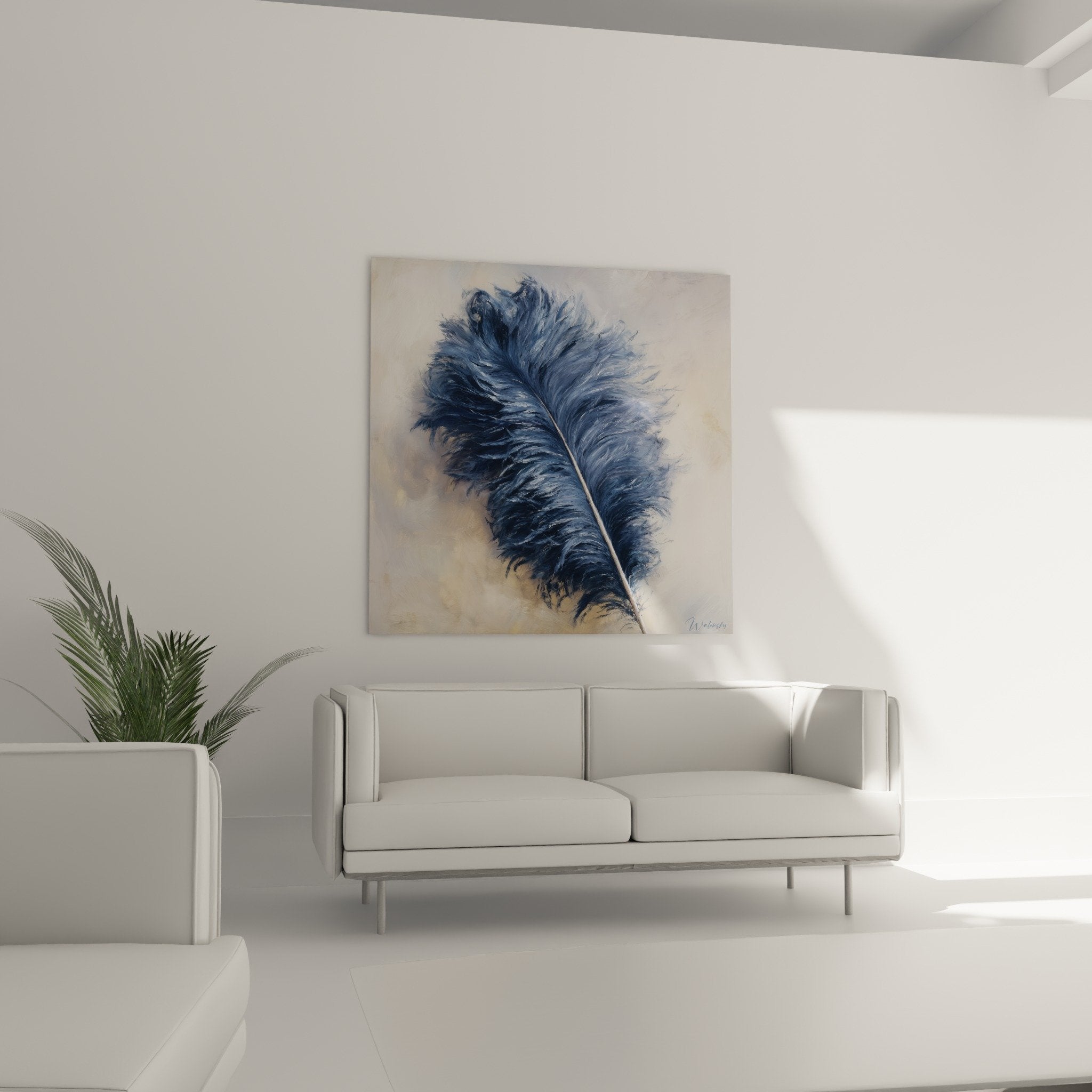 Détail rapproché de la plume bleue révélant la finesse des barbes et les reflets indigo subtils