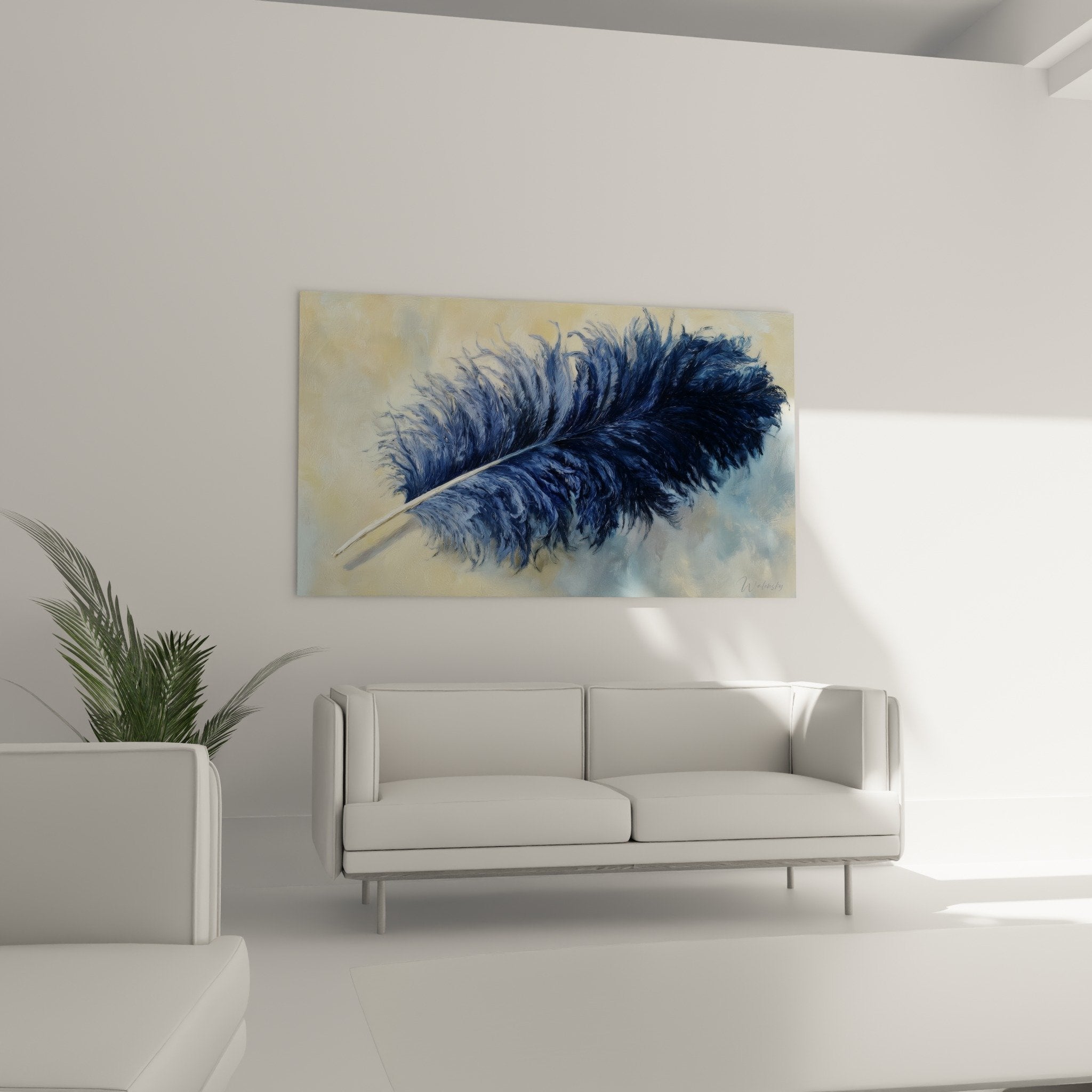 Navy blue feather detail with silky texture, close-up naturalistic artwork refined feather edition
