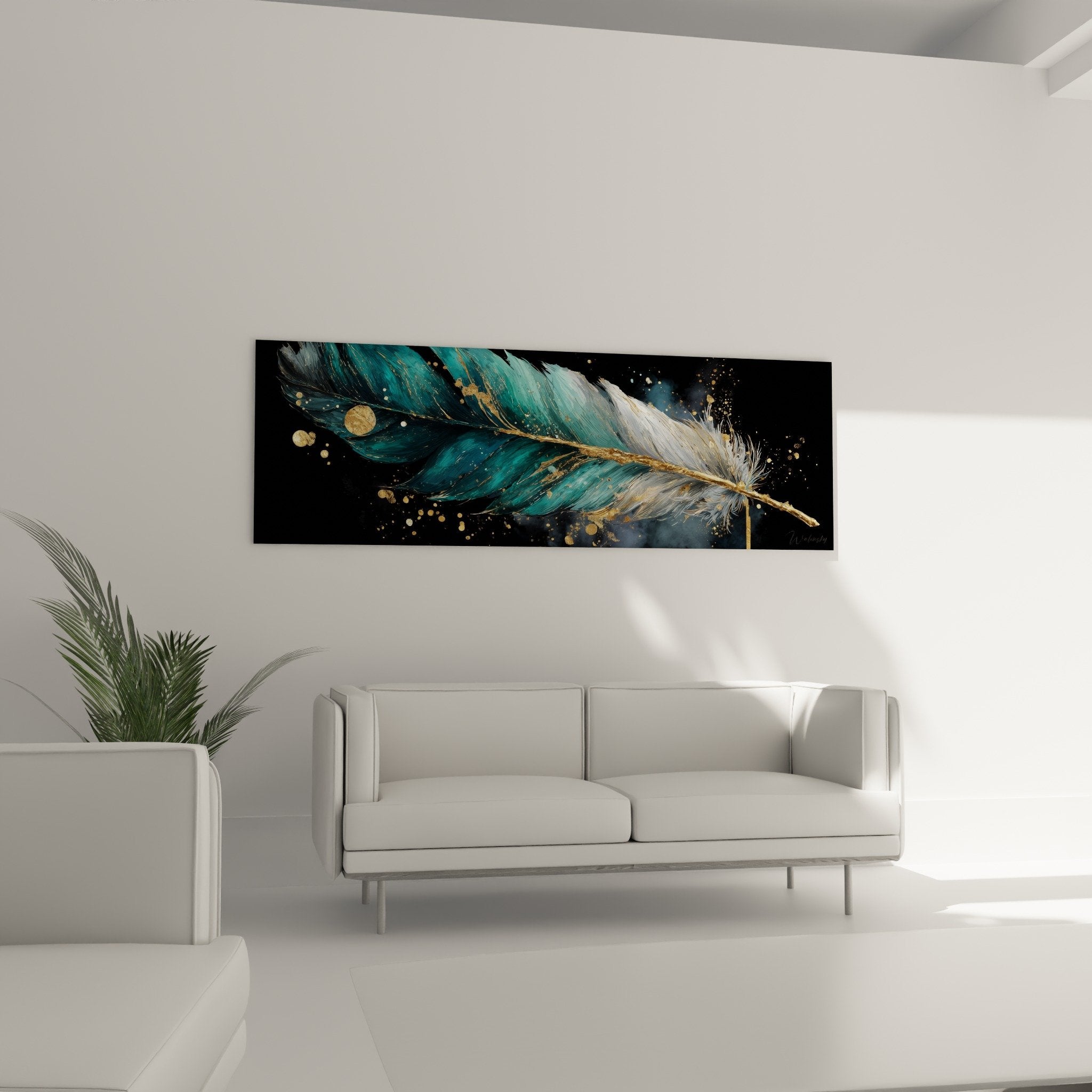 Detail plume turquoise reflets dores particules etoilees fond noir texture artistique raffinee