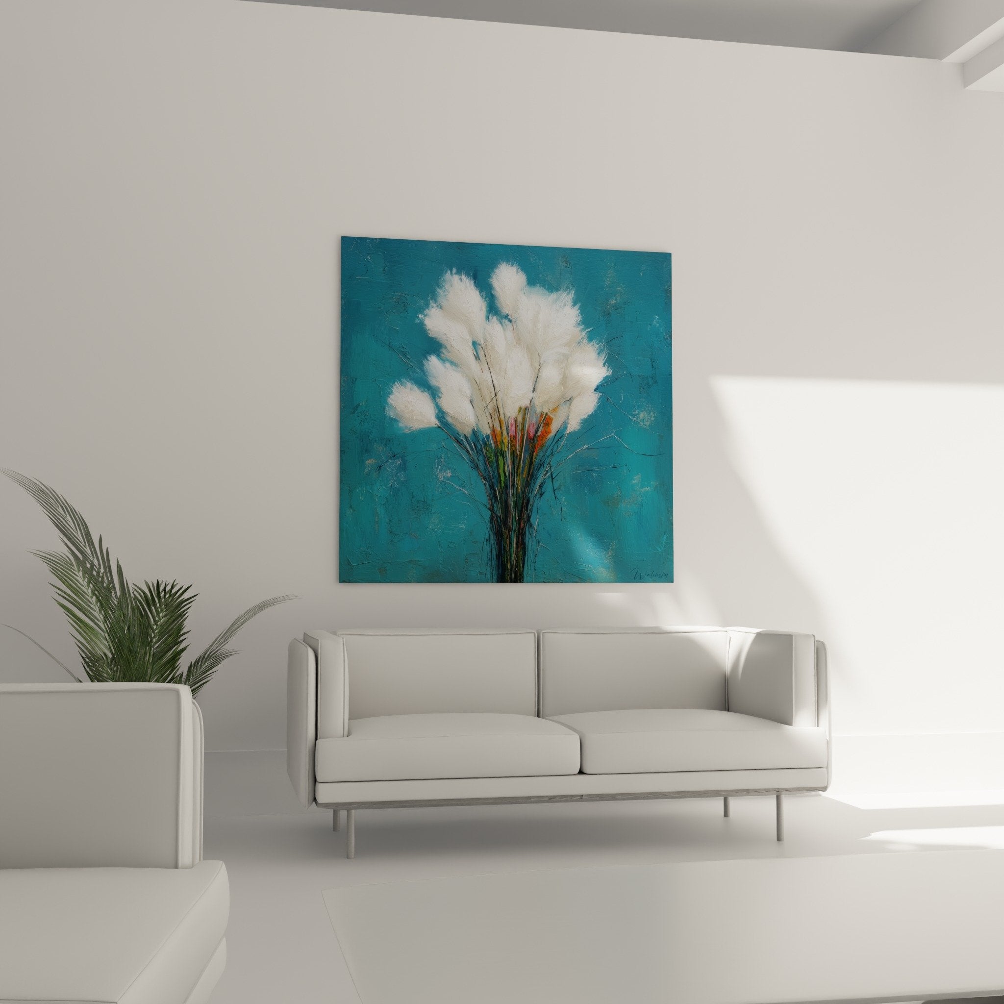 Close-up white feathery grasses silky wispy texture on turquoise blue background wall art decor