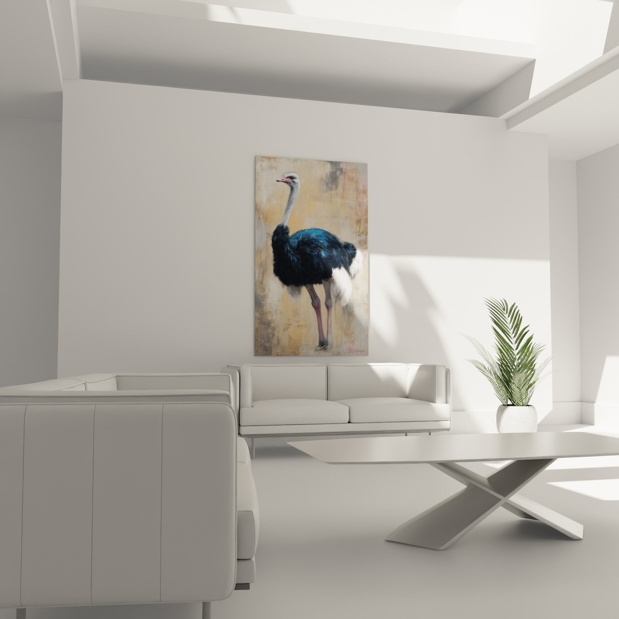 Détail tableau autruche plumes noires reflets bleus texture artistique peinture réaliste contemporaine gros plan