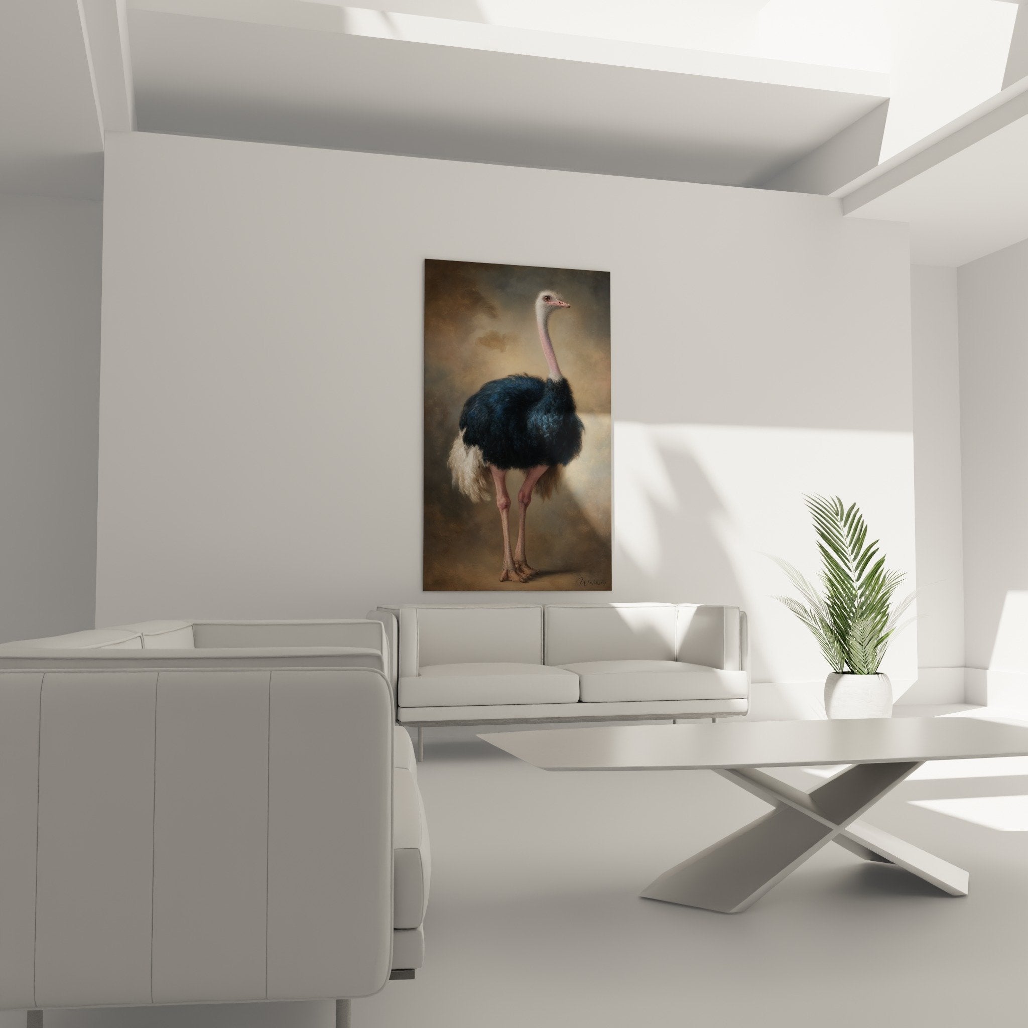 Detail plumes autruche texture realiste cou rose gracile art animalier contemporain