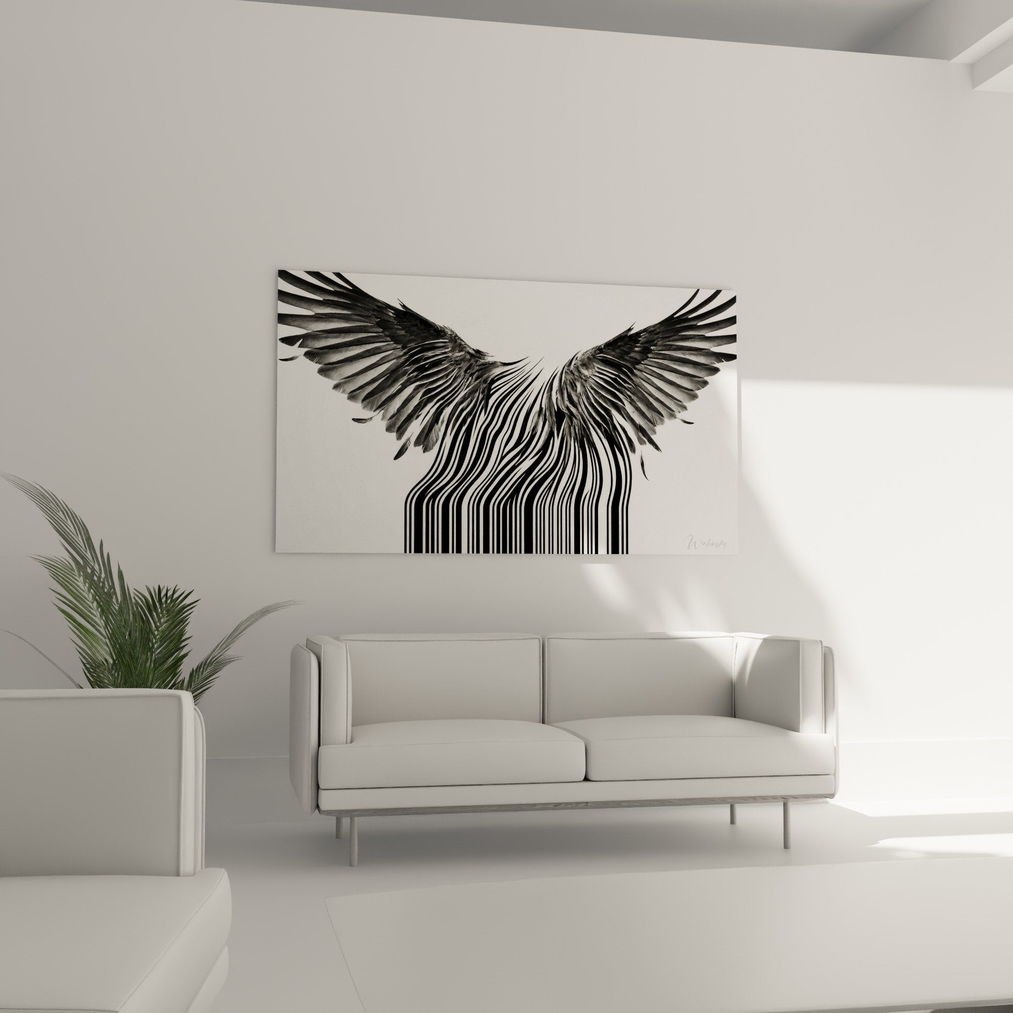 detail plumes ailes realistes contrastant lignes droites codes barres art urbain monochrome