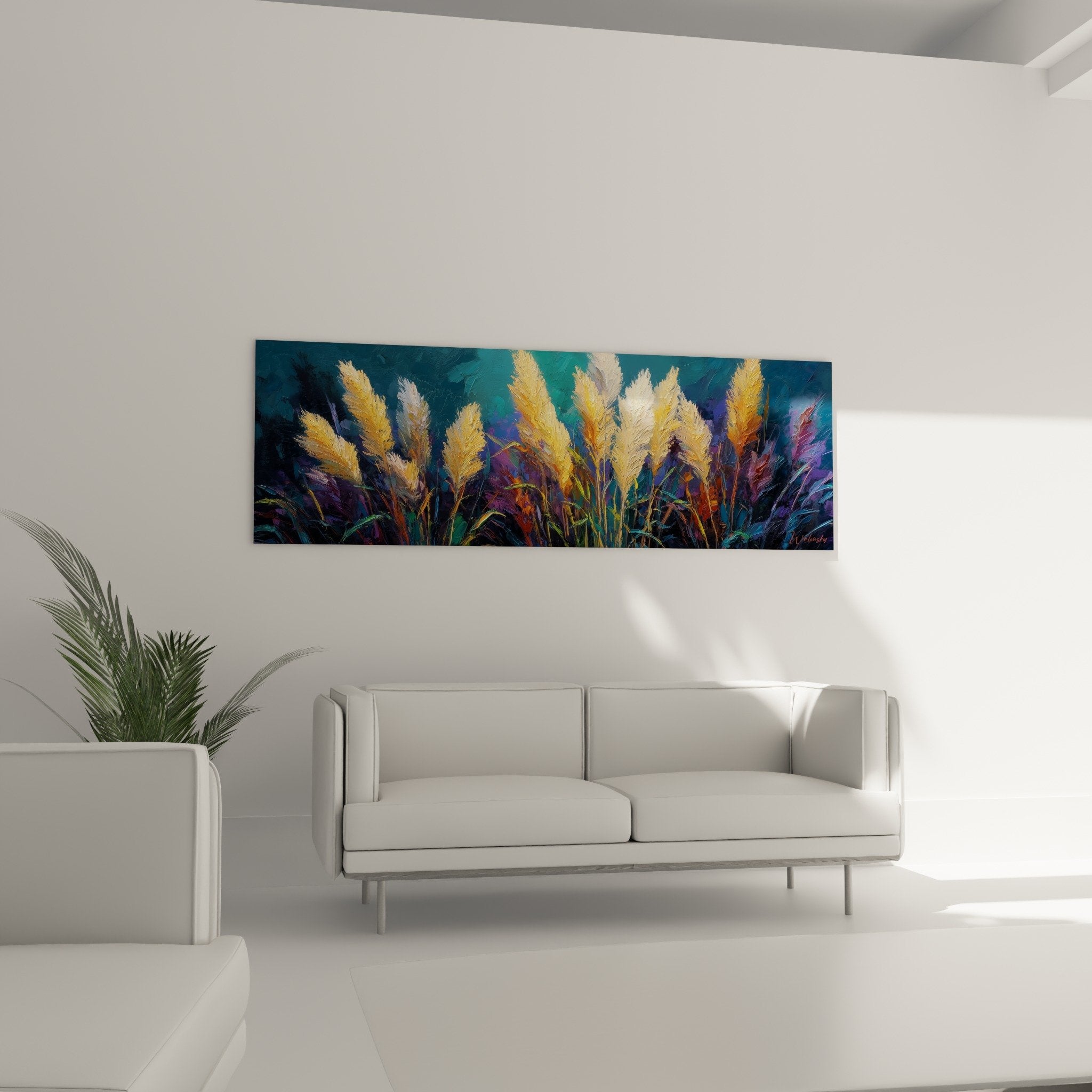 Détail tableau graminées plumes dorées reflets métalliques texture peinture contemporaine nature