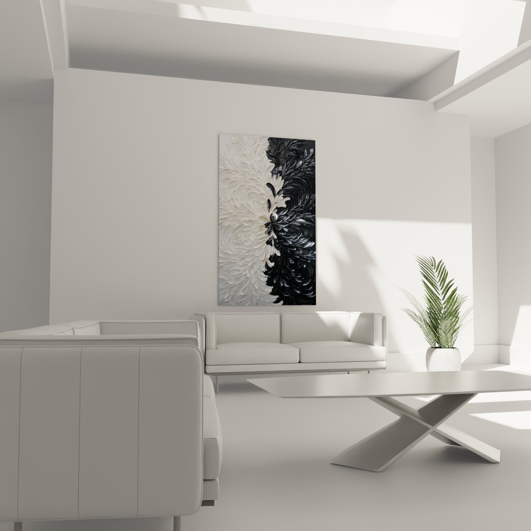 Sculptured feathers embossed relief white black three-dimensional texture feng shui northwest wall art