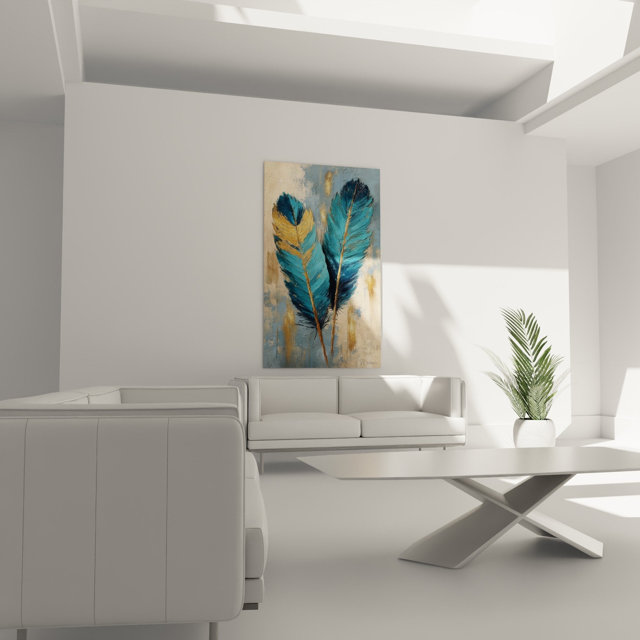 Turquoise painted feathers detail with golden highlights artistic texture impasto brushwork nuanced beige background