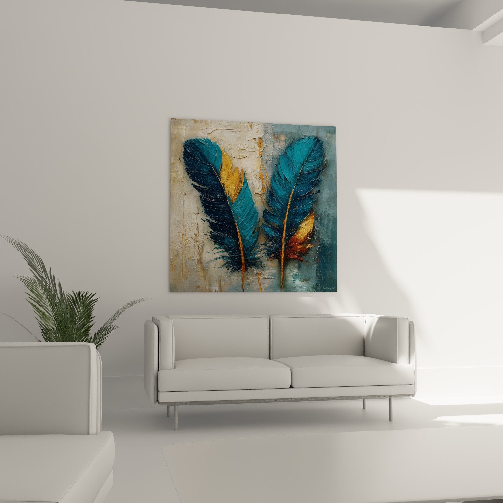 Détail des plumes bleues turquoise aux reflets dorés sur fond craquelé texturé de style contemporain