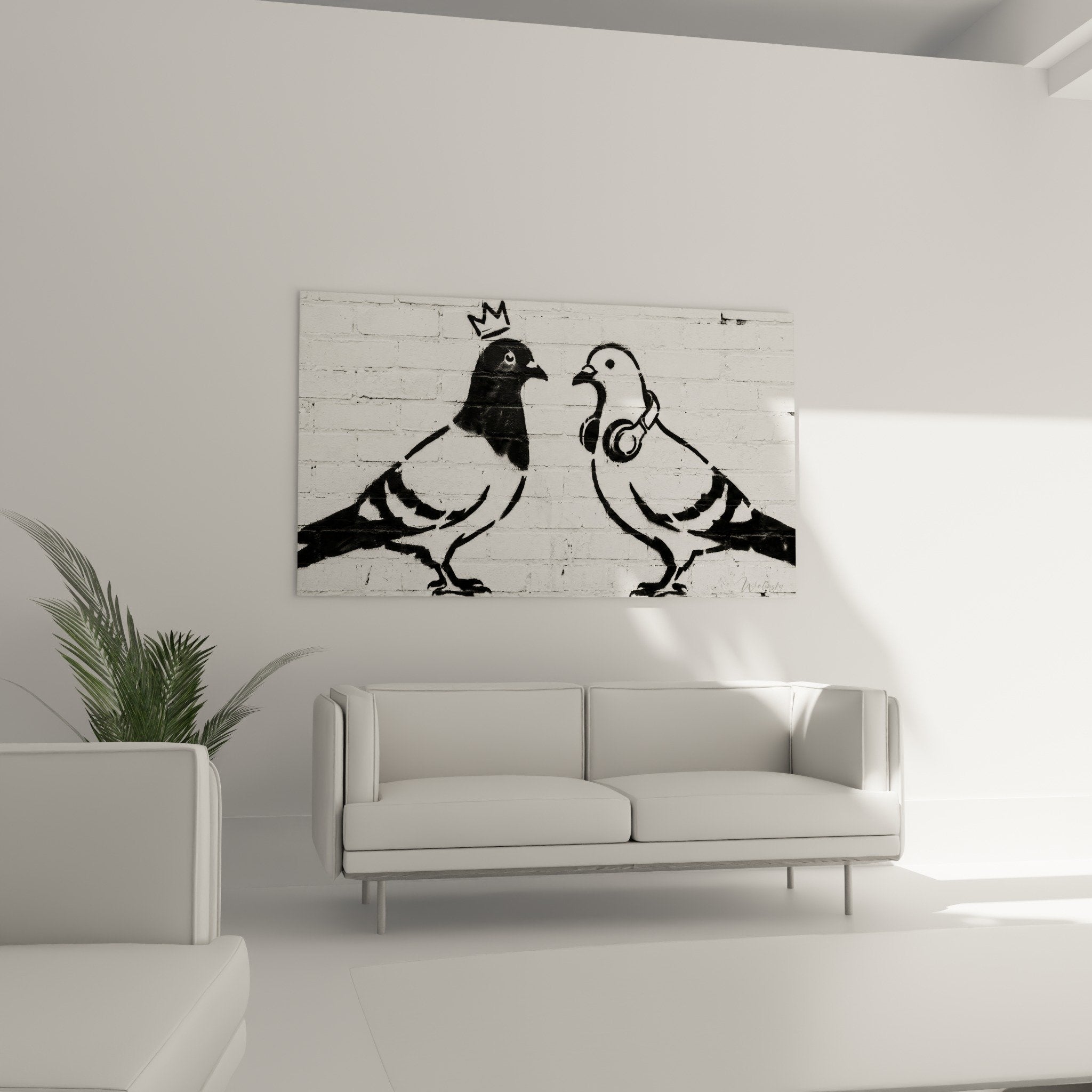 Detail street art pochoir pigeons couronne casque contraste noir blanc