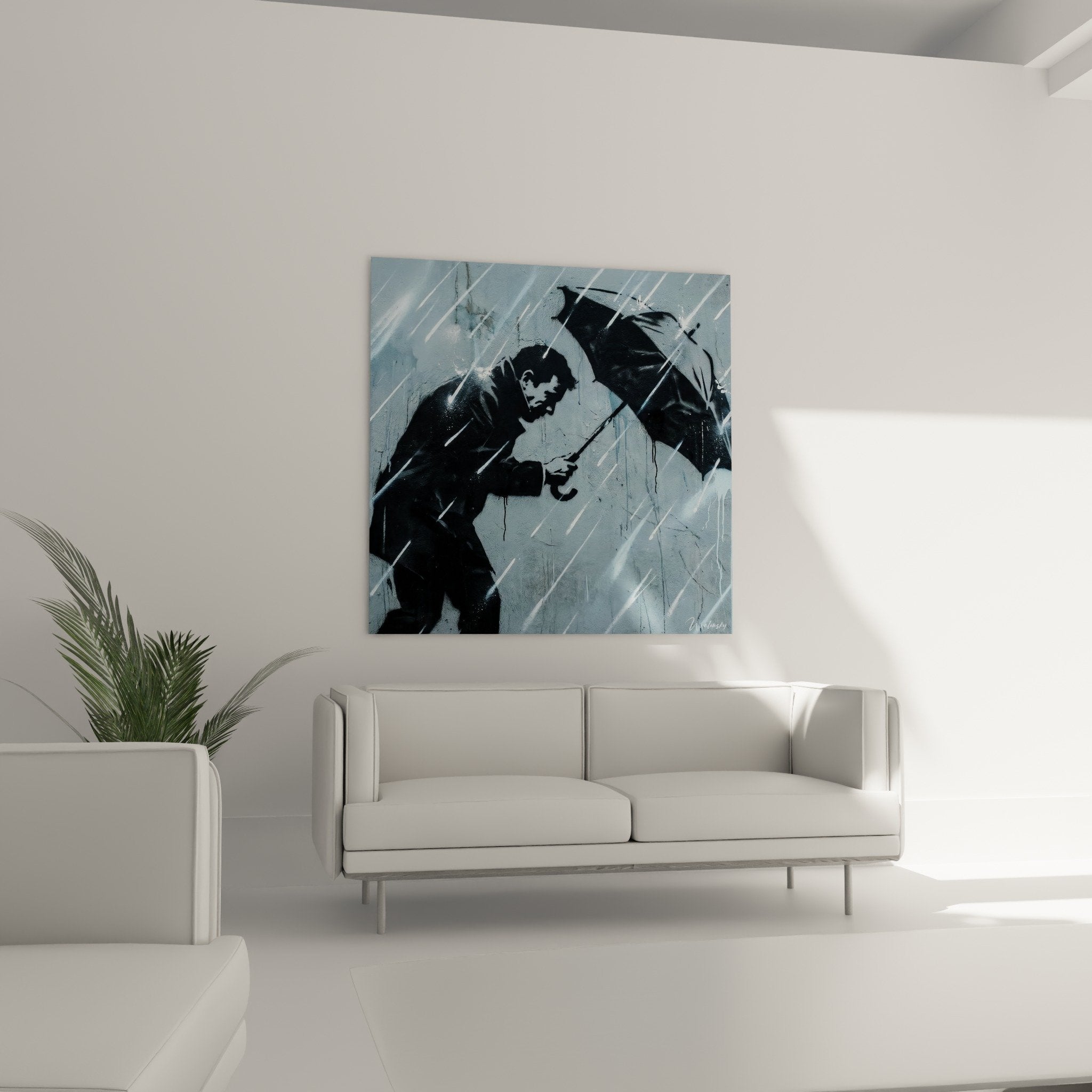 detail pochoir street art pluie diagonale homme parapluie technique contraste ombre lumiere