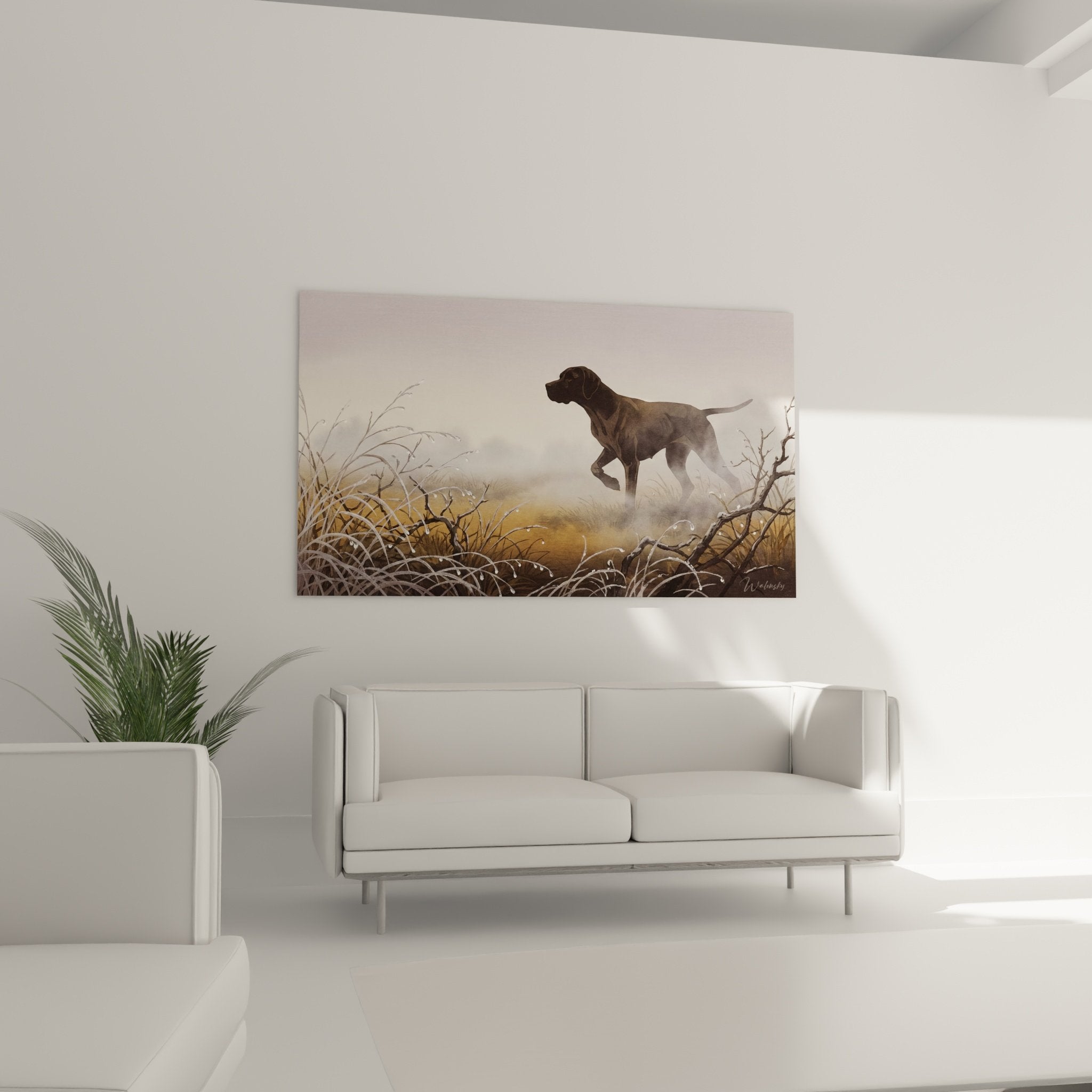 Détail pointer anglais position arrêt brume violacée peinture naturaliste art animalier
