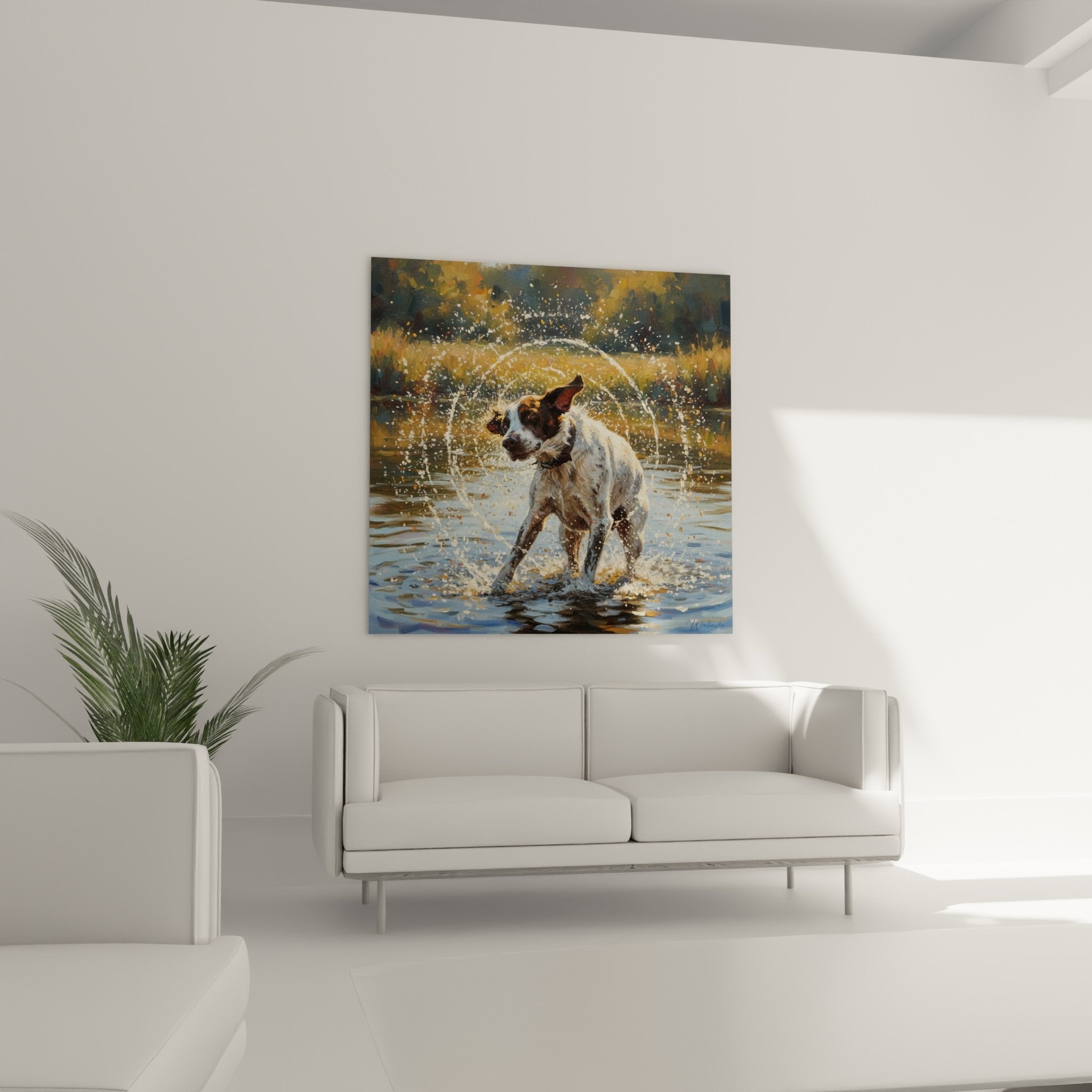 Dettaglio ravvicinato del pelo bagnato e degli spruzzi d'acqua dell'English Pointer - Tecnica pittorica realistica