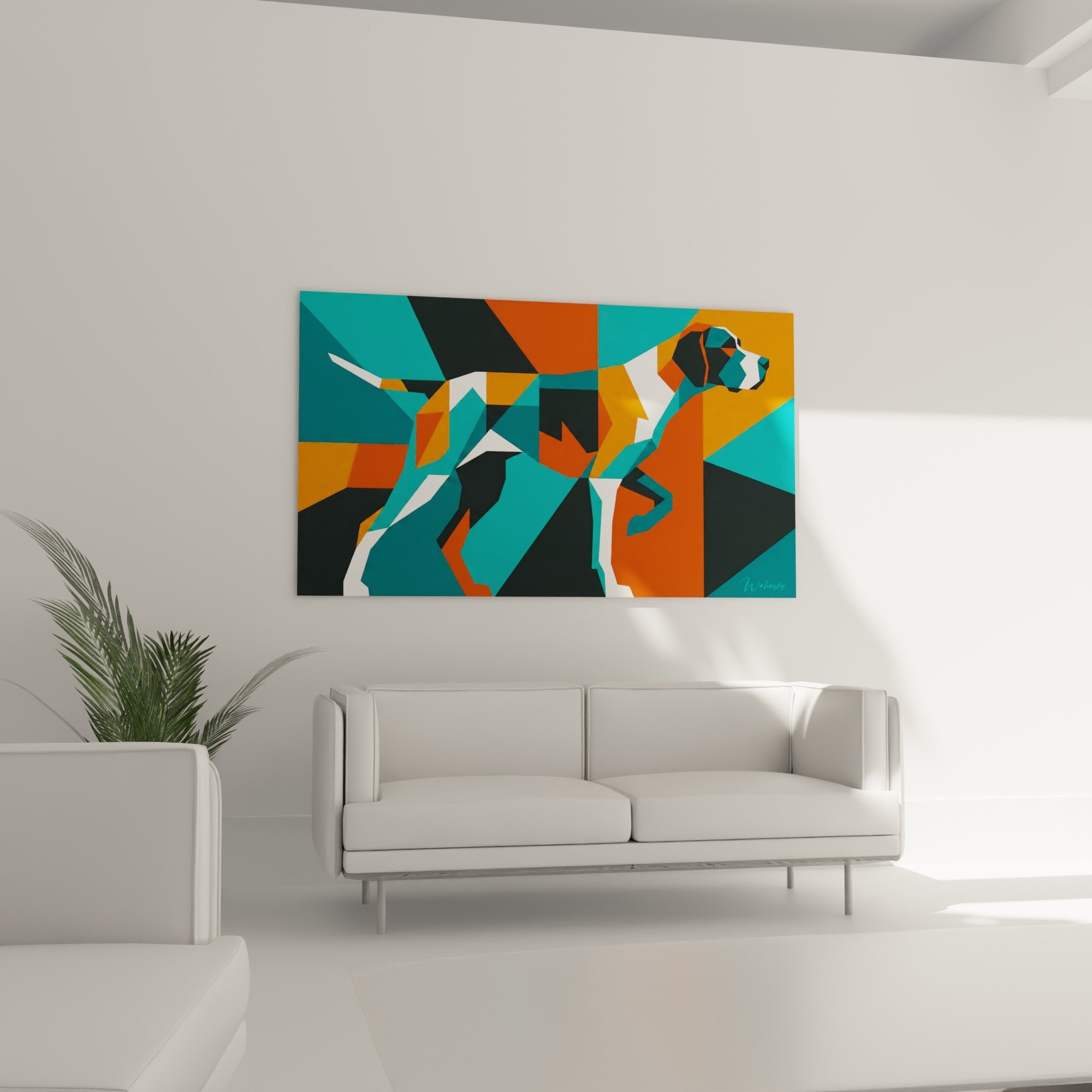 Détail tableau Pointer Anglais géométrique fragments turquoise orange polygones art moderne technique