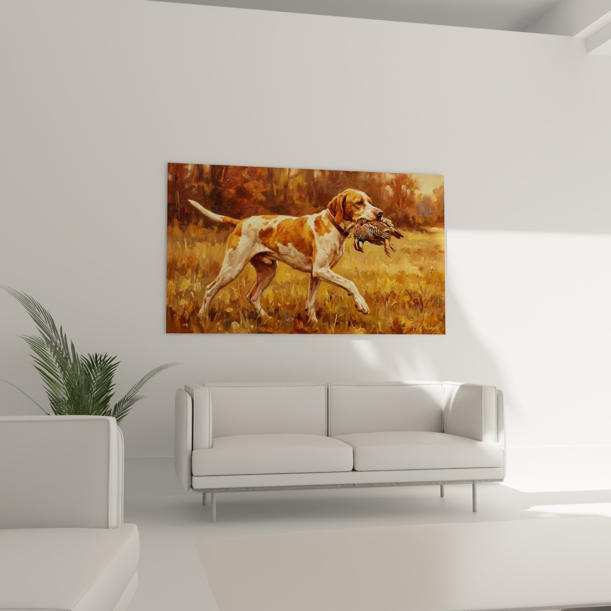 Détail peinture Pointer Anglais museau tenant oiseau gibier technique picturale réaliste