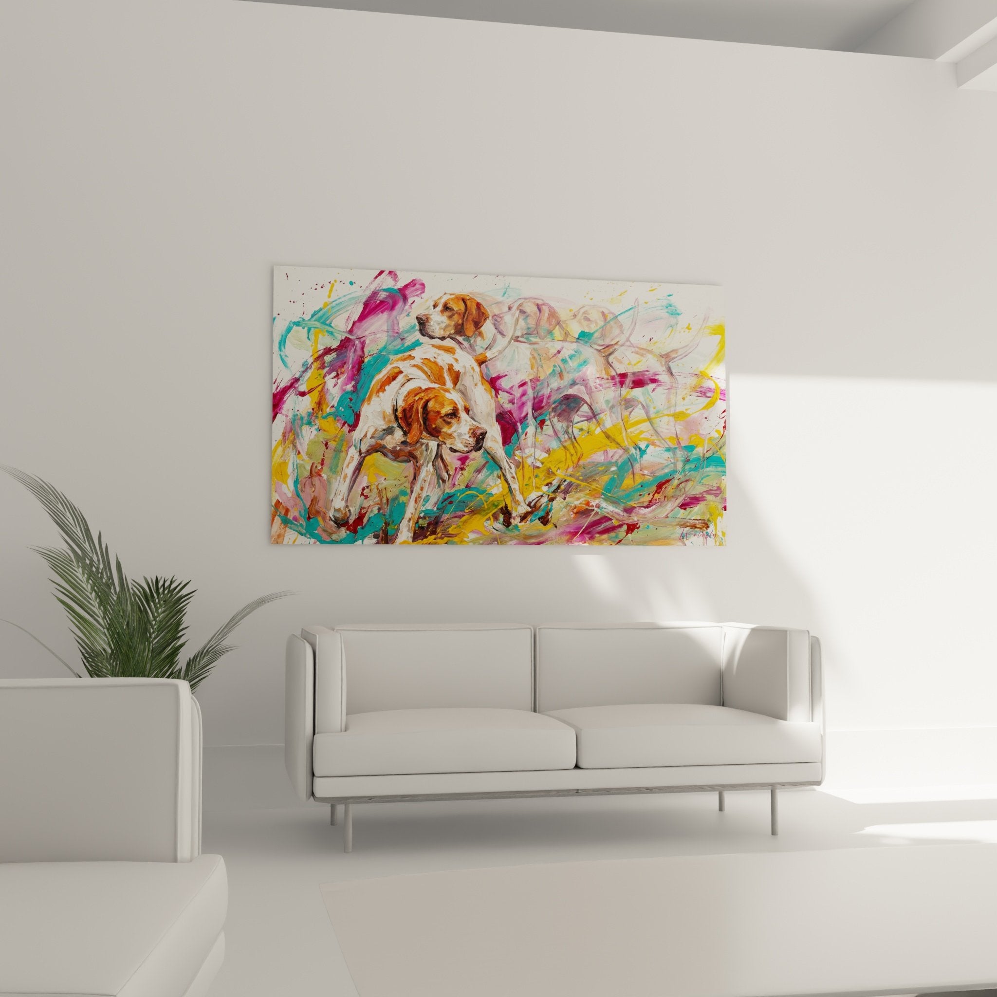 Dettaglio quadro puntatore inglese pittura astratta colori vivaci pennellata moderna