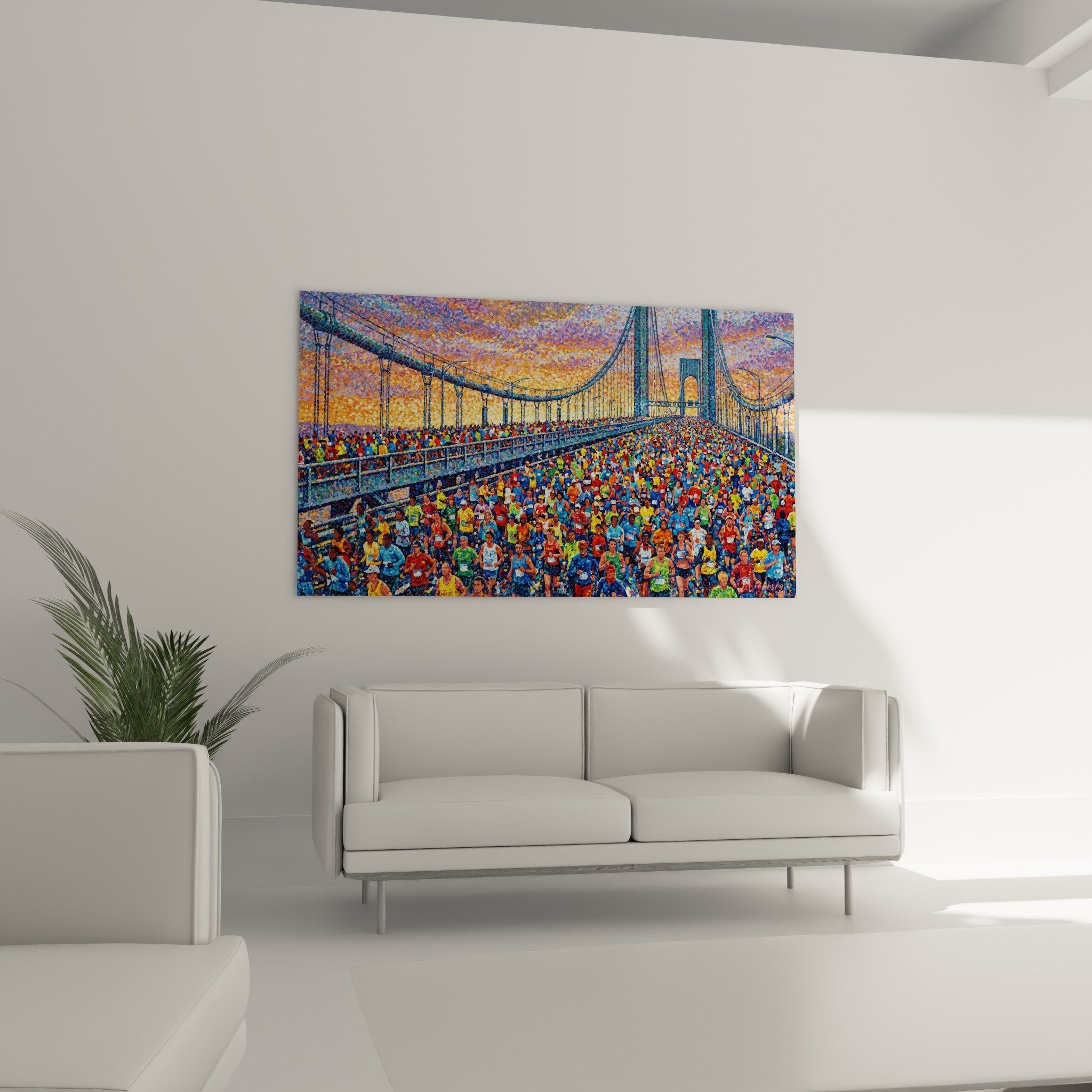 Détail technique pointilliste coureurs marathon couleurs bleu rouge jaune pont suspendu