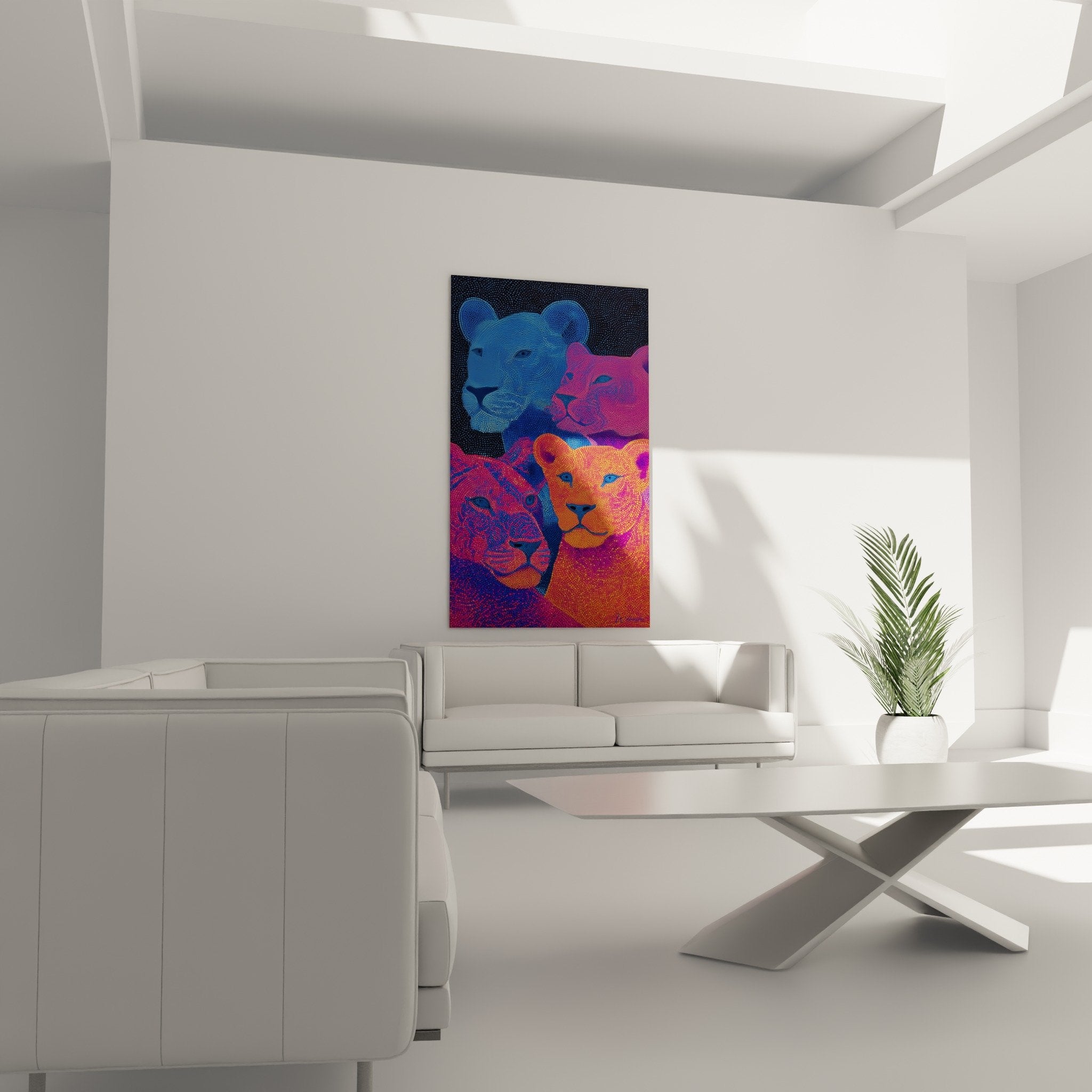 Dettaglio tecnico pointillismo leoni colori vivaci blu arancione rosa punti colorati arte moderna