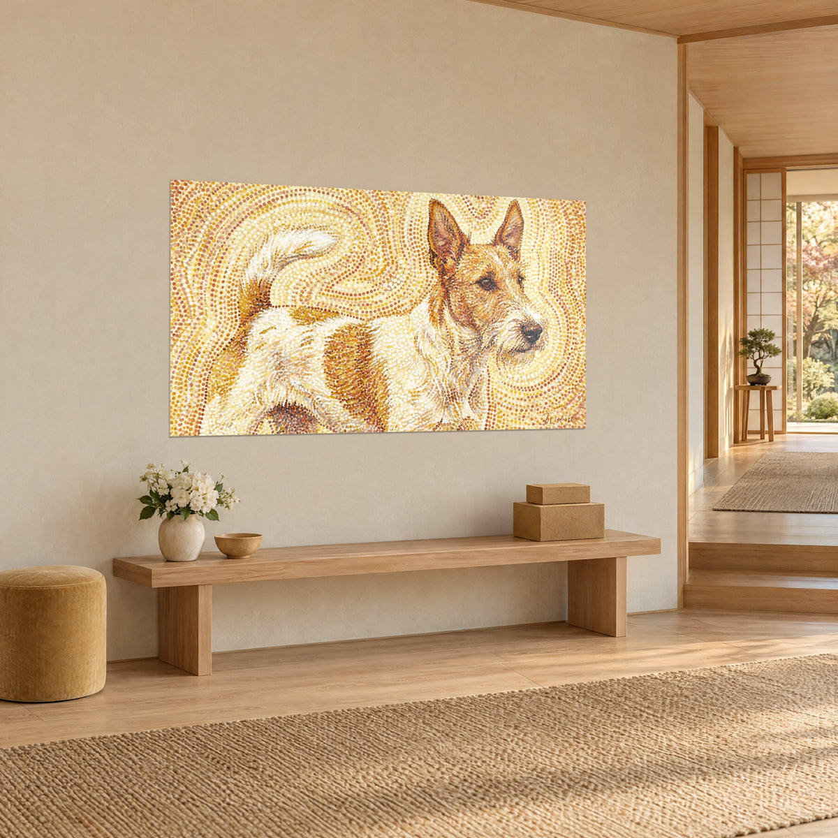 Wall art pointillist dog with swirls of ochre and honey dots, white plume tail, three-quarter view in a hallway