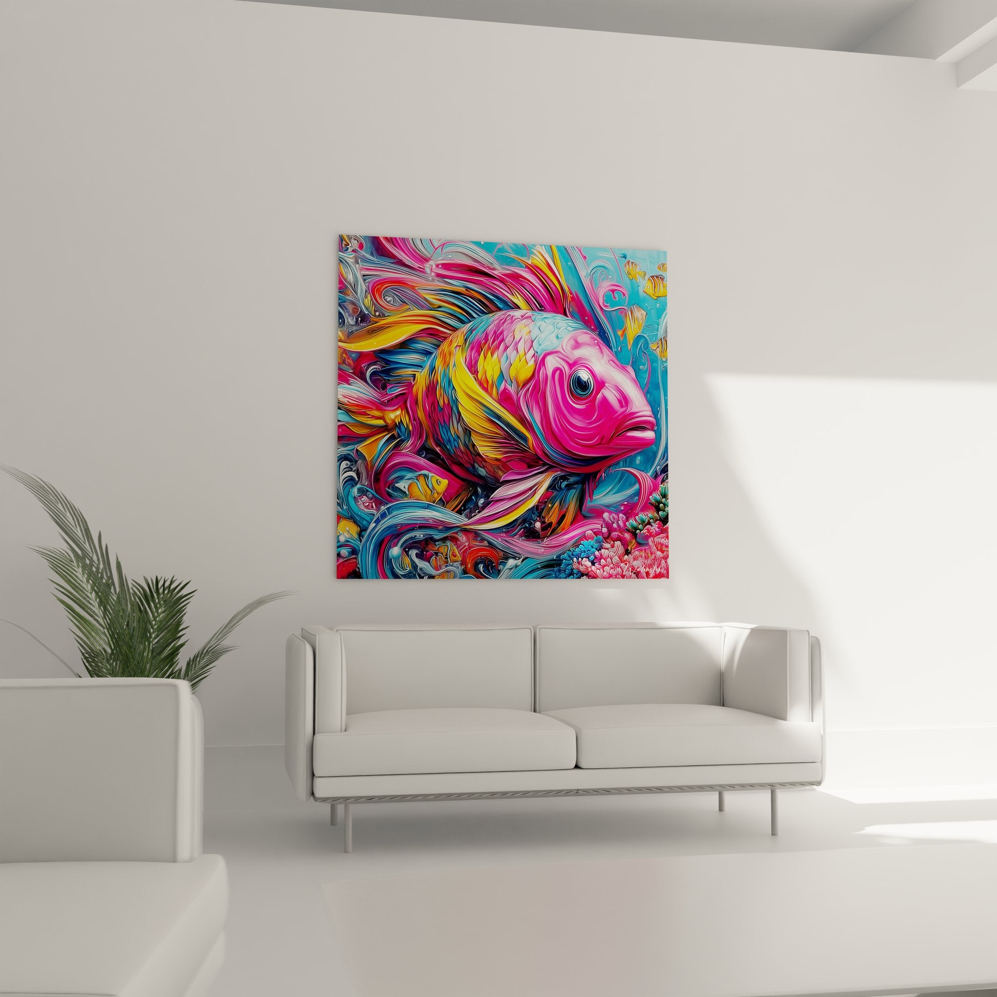 Gros plan détail écailles poisson coloré tableau art mural aquatique rose jaune bleu moderne