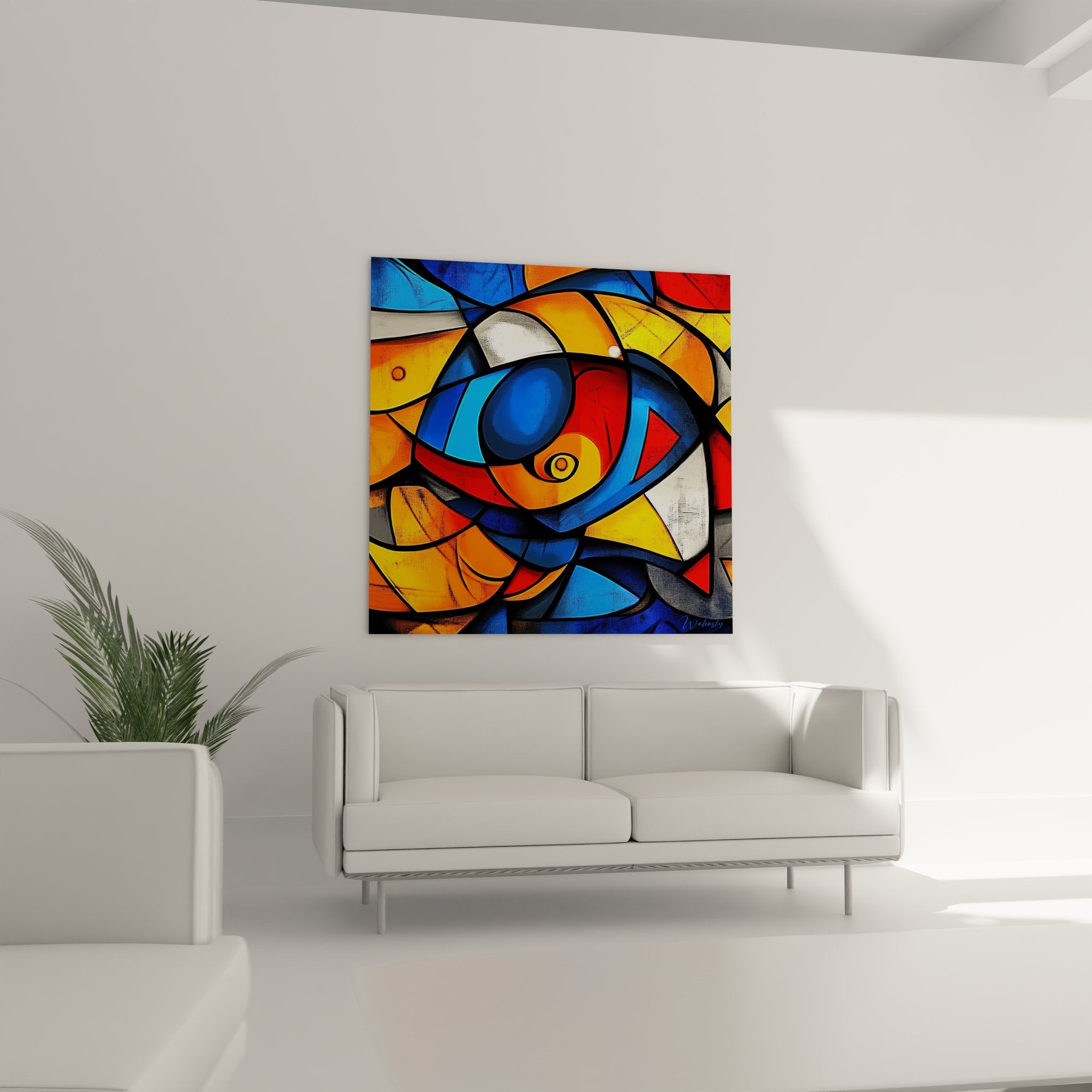 Gros plan détail tableau poisson géométrique abstrait formes colorées